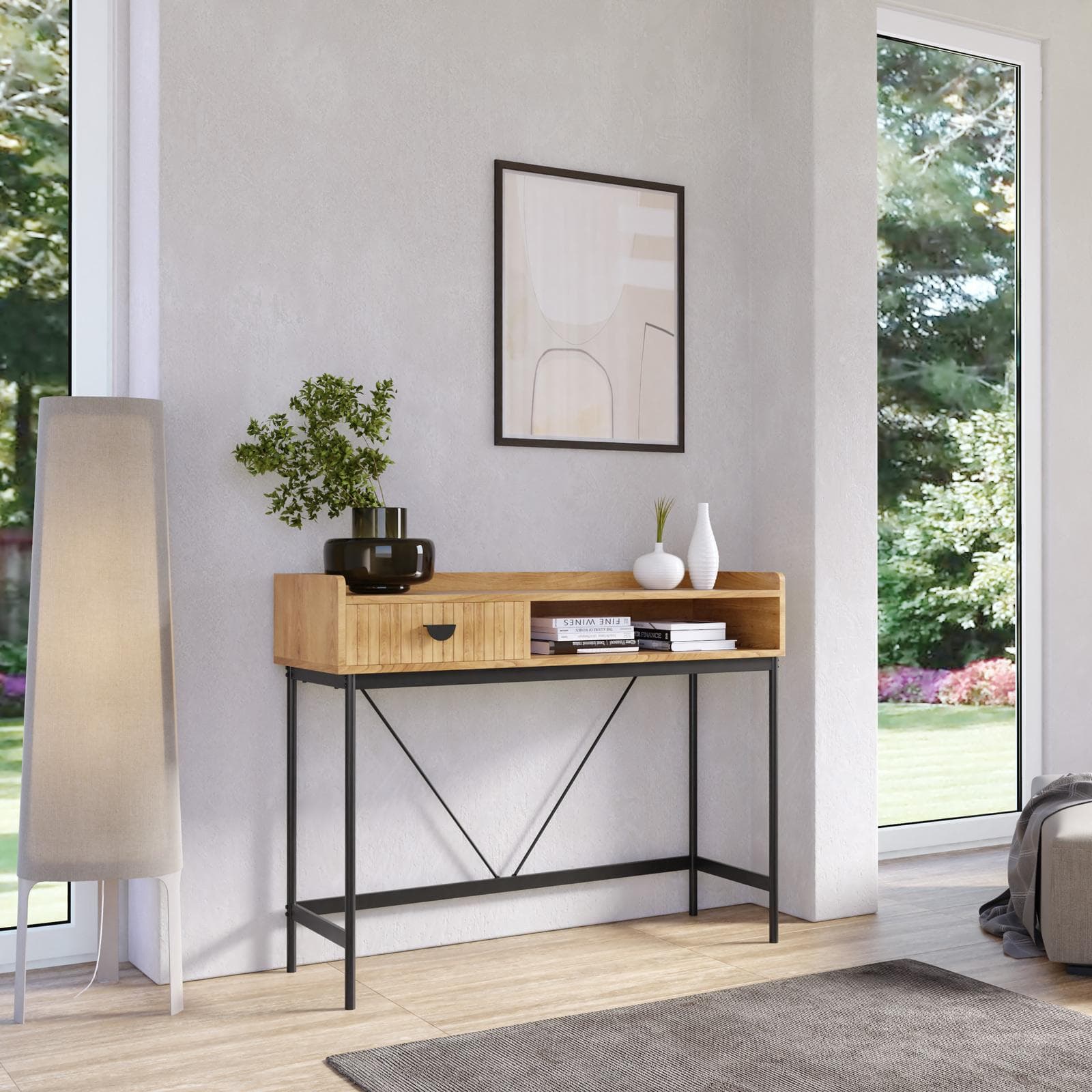 Consolle 110x85h cm con 1 cassetto soft close rovere chiaro e gambe in metallo nero - Ozma