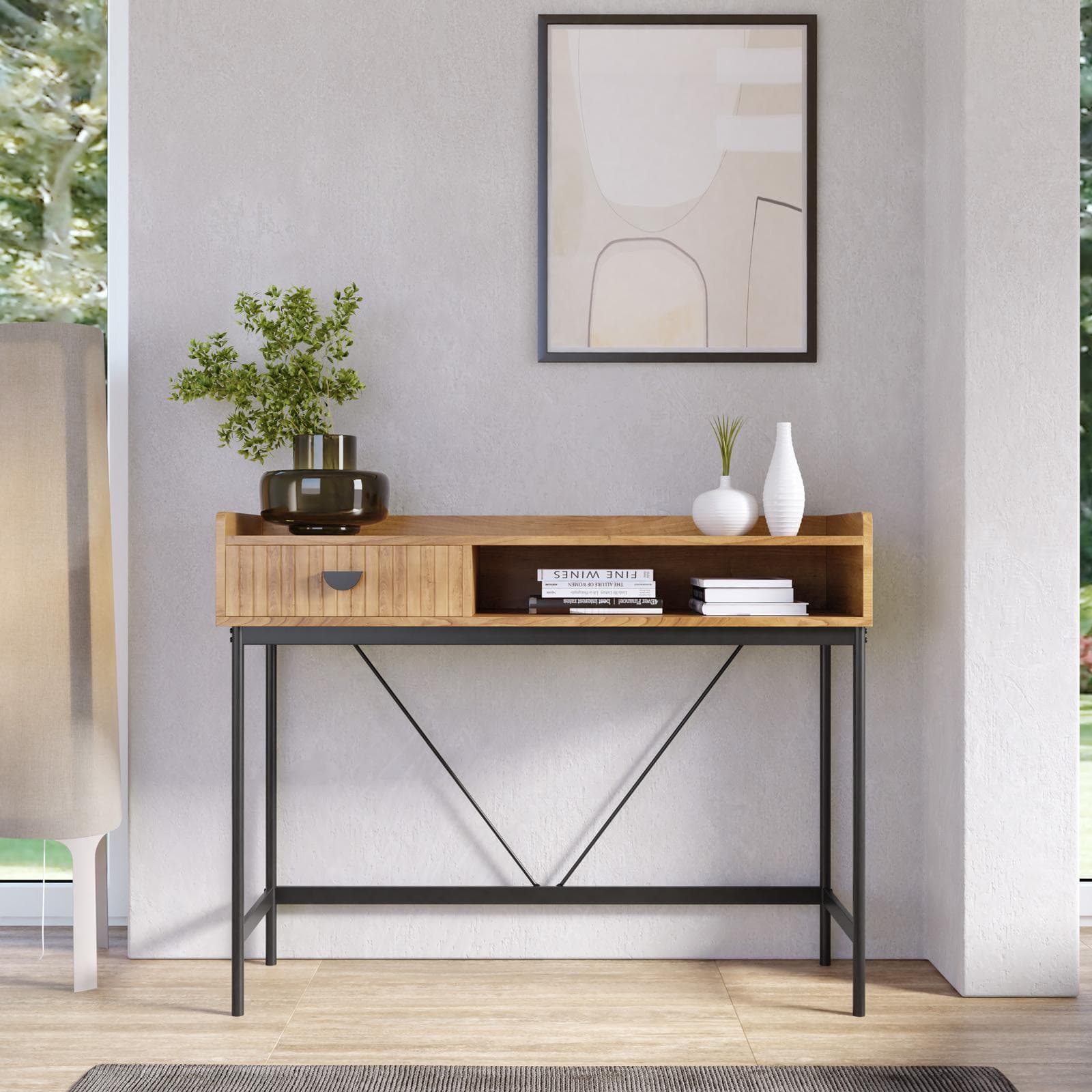 Consolle 110x85h cm con 1 cassetto soft close rovere chiaro e gambe in metallo nero - Ozma