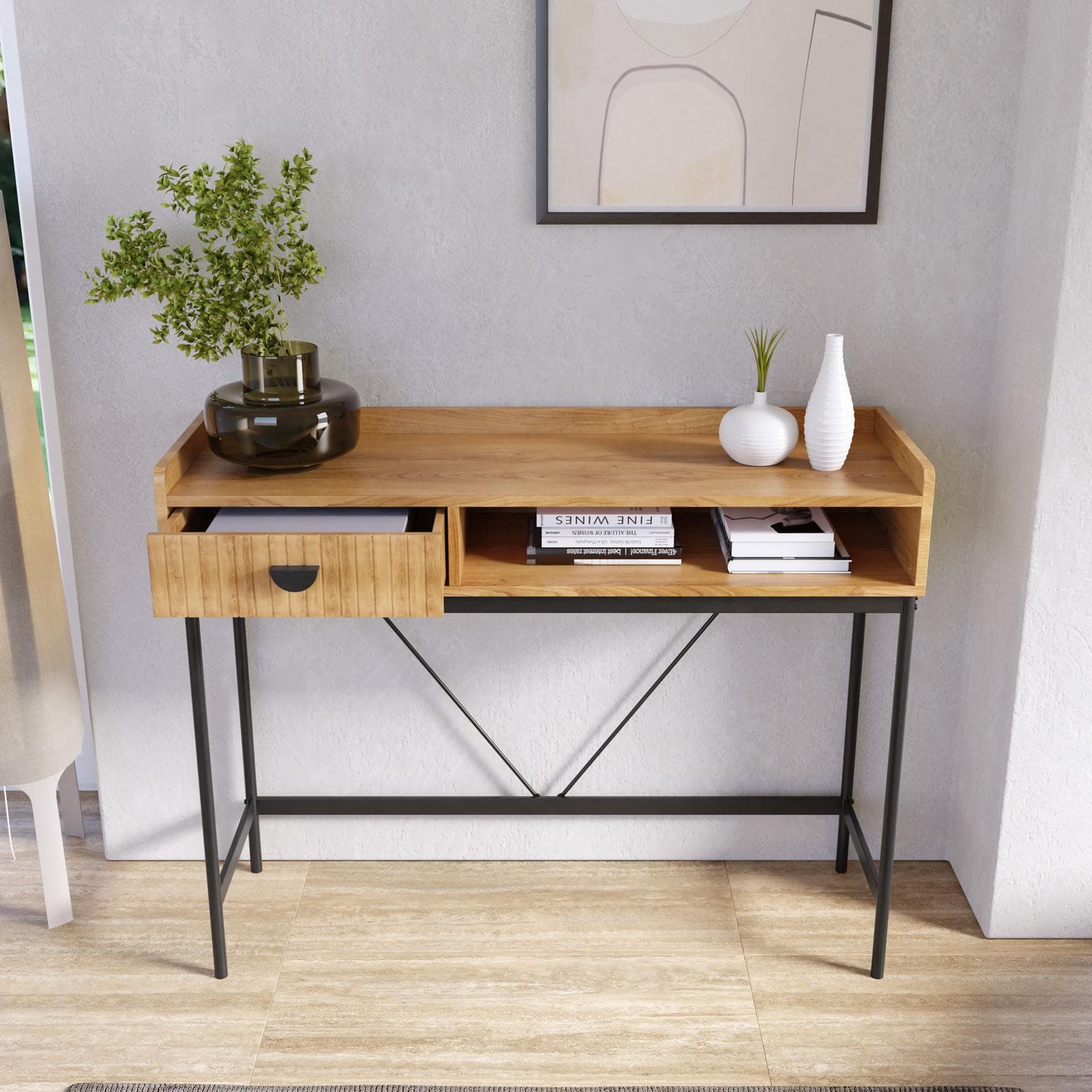 Consolle 110x85h cm con 1 cassetto soft close rovere chiaro e gambe in metallo nero - Ozma