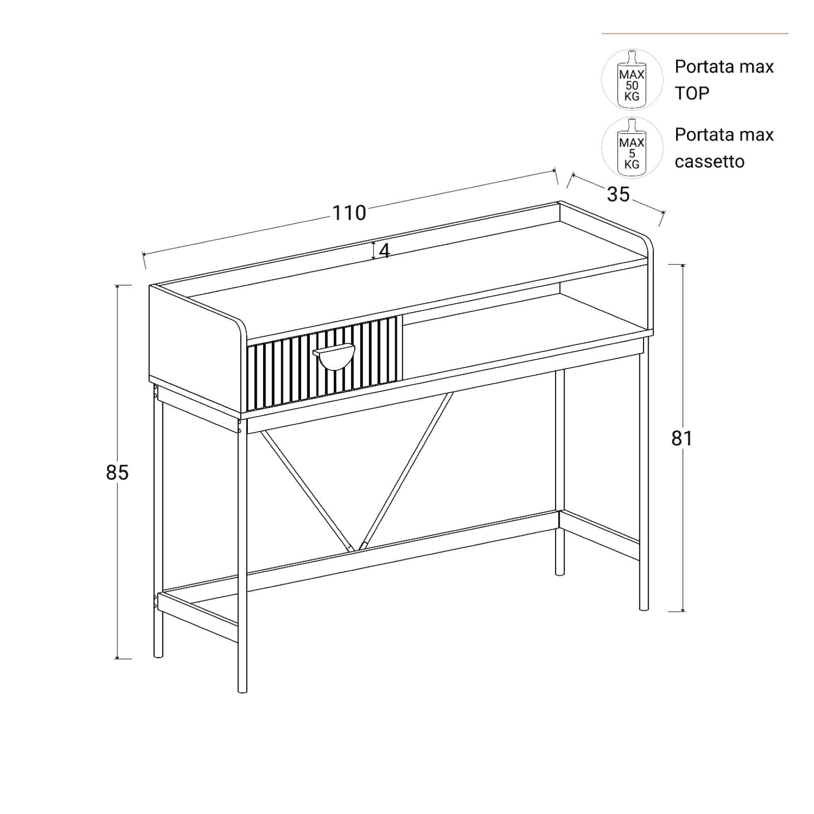 Consolle 110x85h cm con 1 cassetto soft close rovere chiaro e gambe in metallo nero - Ozma