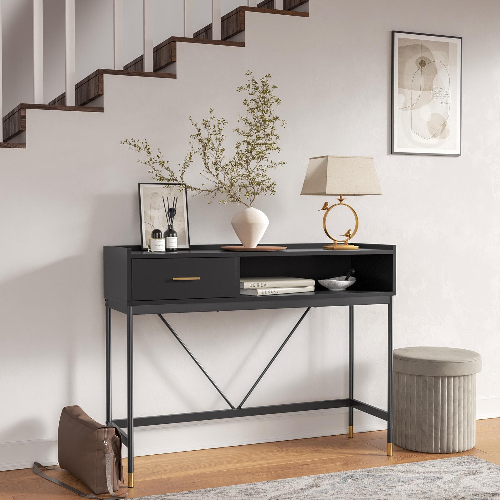 Consolle 110x85h cm nero cassetto e vano a giorno con struttura in acciaio - Zamia