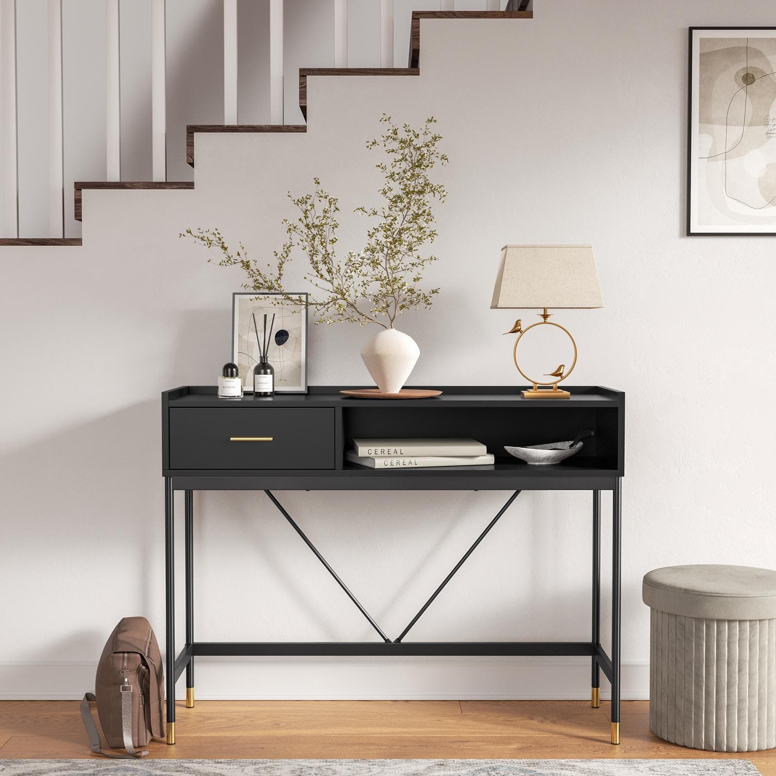 Consolle 110x85h cm nero cassetto e vano a giorno con struttura in acciaio - Zamia