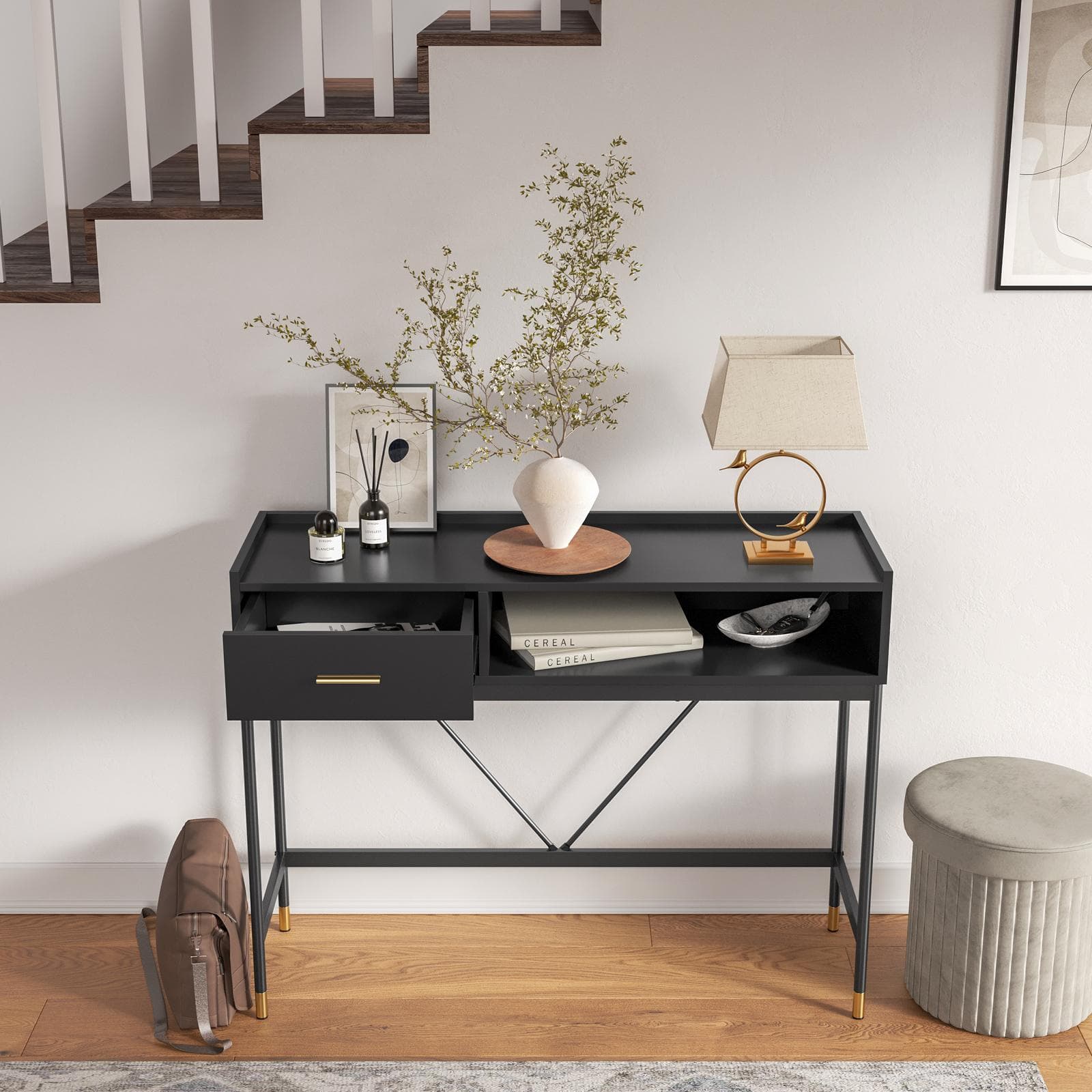 Consolle 110x85h cm nero cassetto e vano a giorno con struttura in acciaio - Zamia