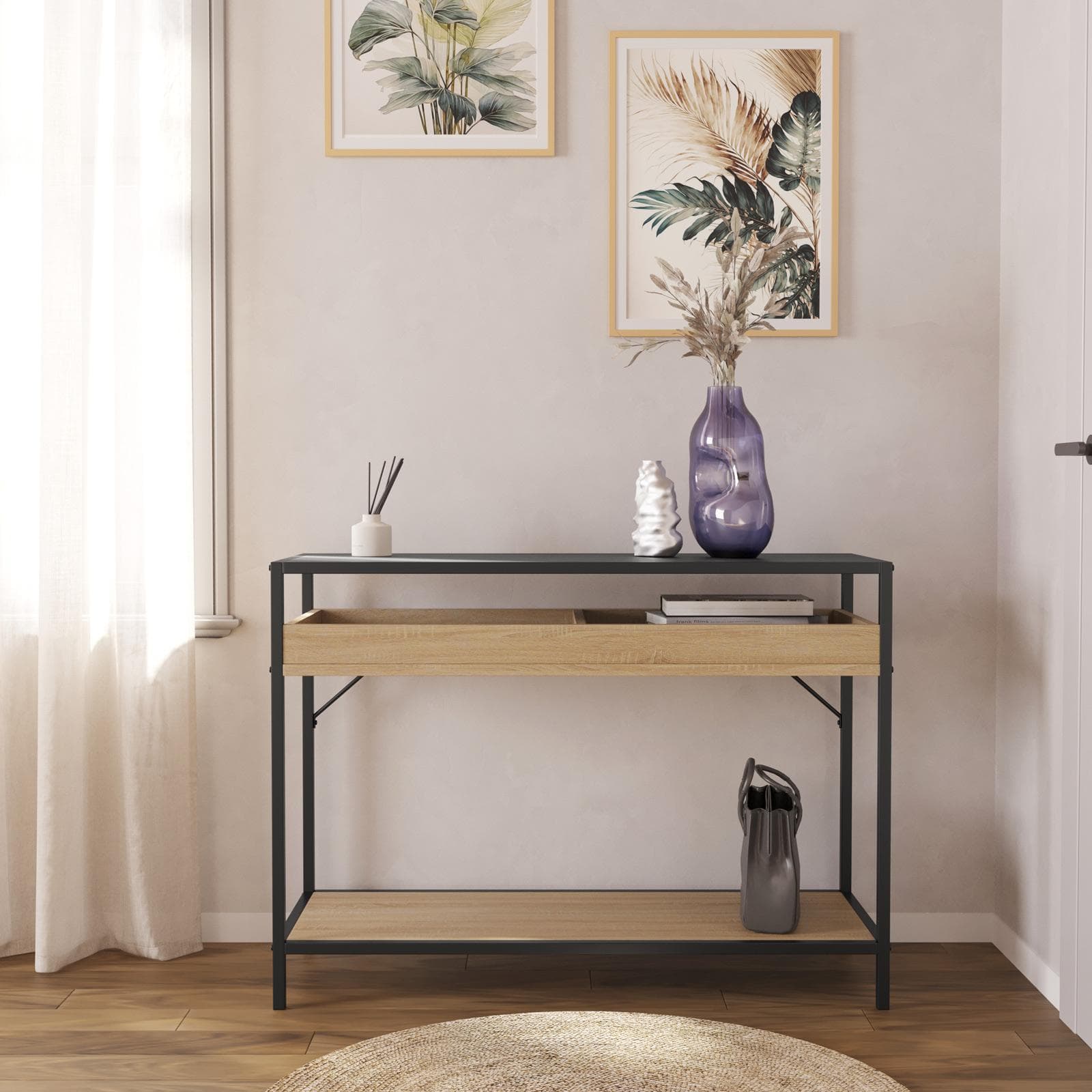Consolle 110x80h cm effetto rovere grano e metallo nero con ripiano - Puton