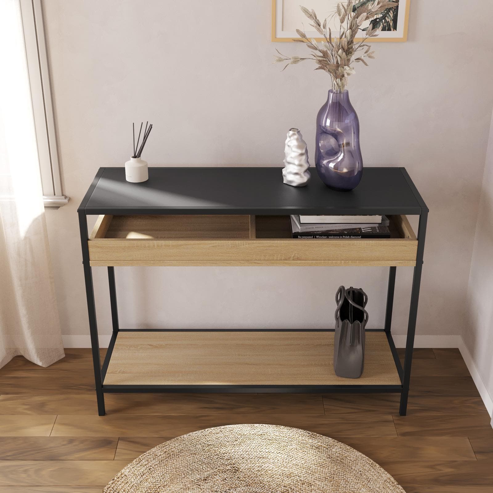 Consolle 110x80h cm effetto rovere grano e metallo nero con ripiano - Puton