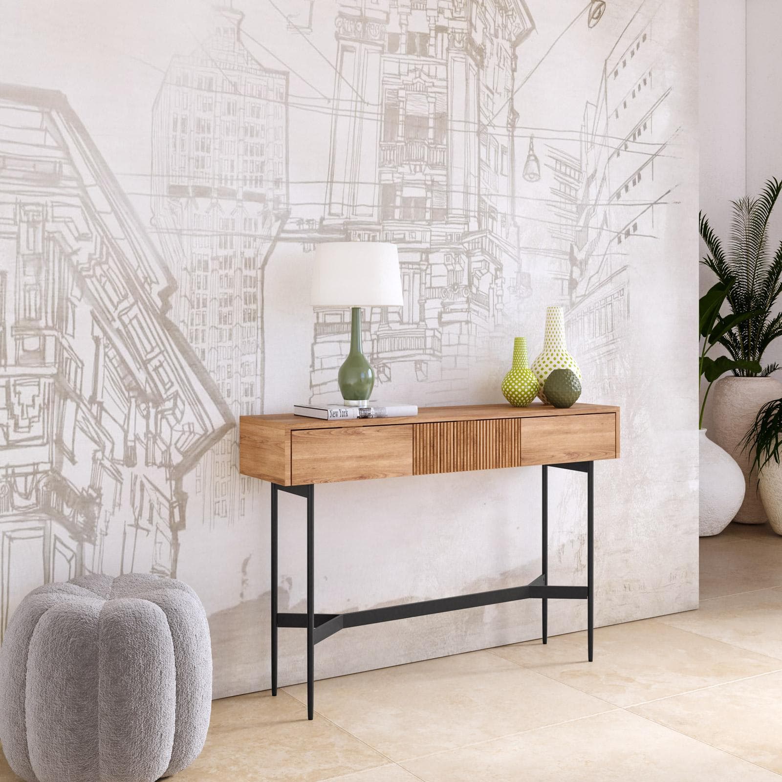 Consolle 118x80h cm in legno di acacia cannettato con 3 cassetti e struttura in metallo nero - Yuni