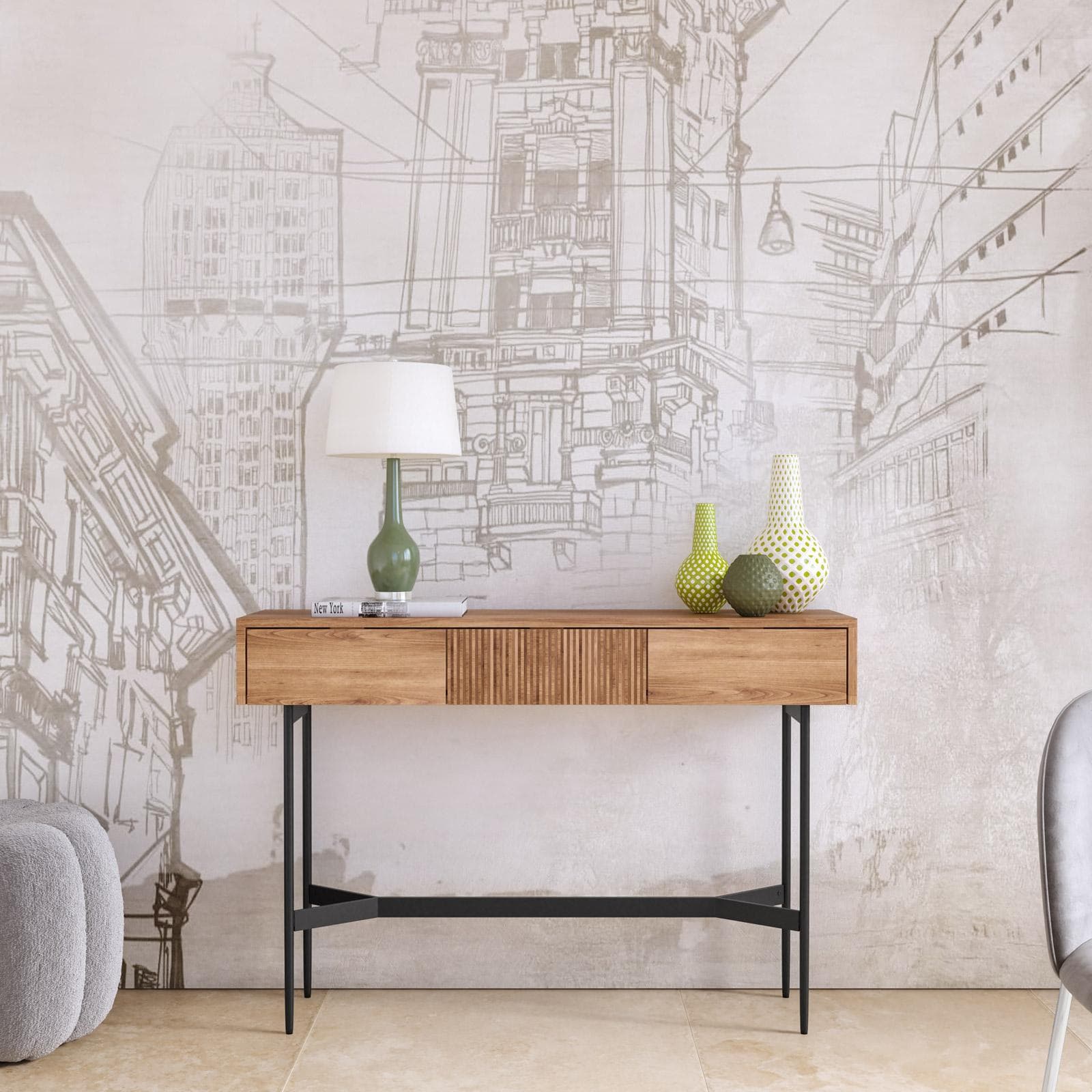 Consolle 118x80h cm in legno di acacia cannettato con 3 cassetti e struttura in metallo nero - Yuni