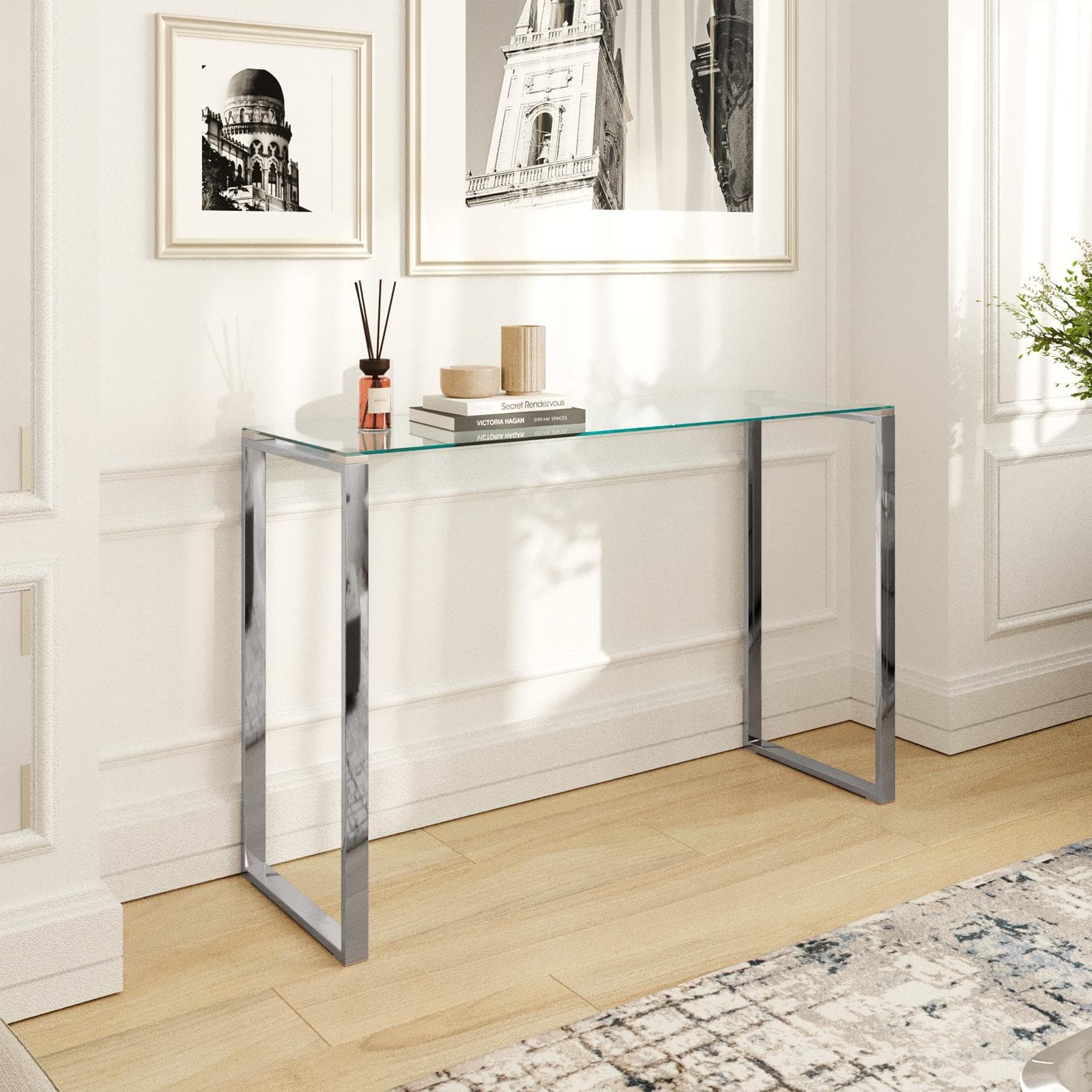 Consolle 120x74h cm in acciaio con piano in vetro - Guvia
