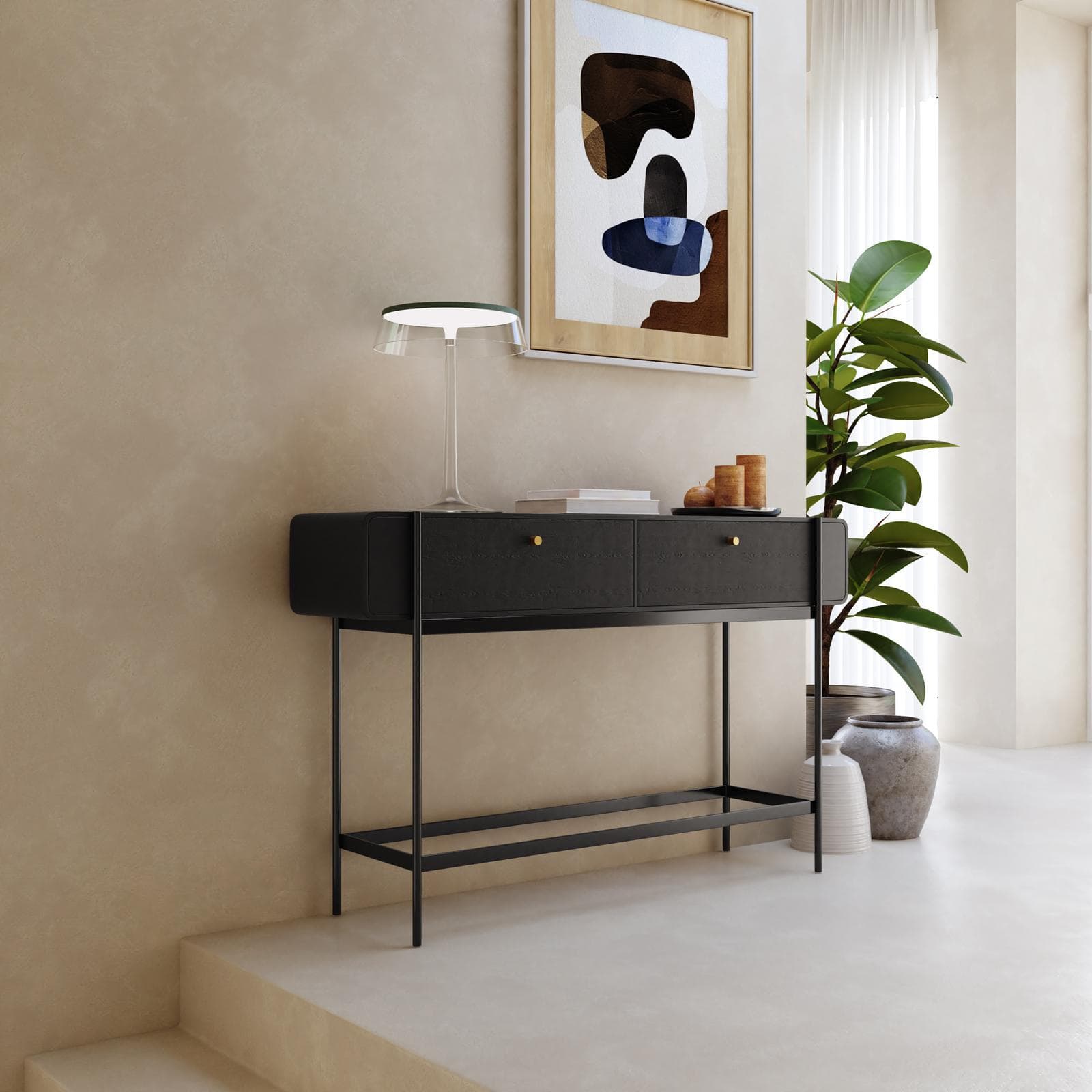 Consolle 132x82h cm in legno nero craven e metallo nero con 2 cassetti - Kirki