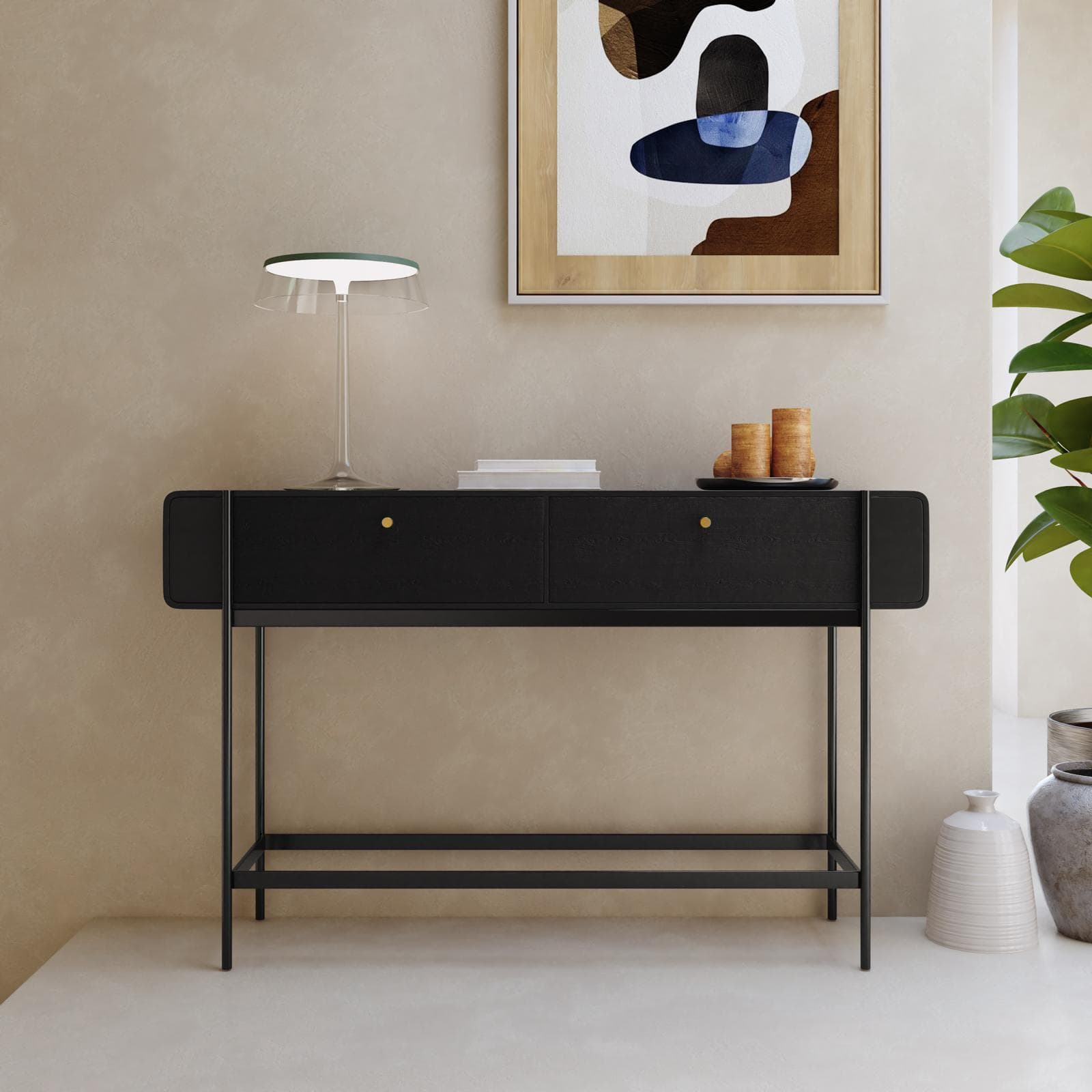 Consolle 132x82h cm in legno nero craven e metallo nero con 2 cassetti - Kirki
