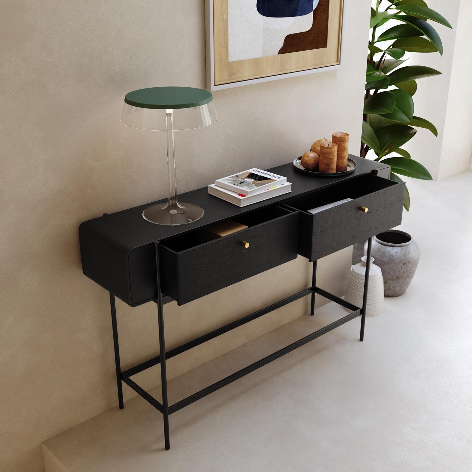 Consolle 132x82h cm in legno nero craven e metallo nero con 2 cassetti - Kirki