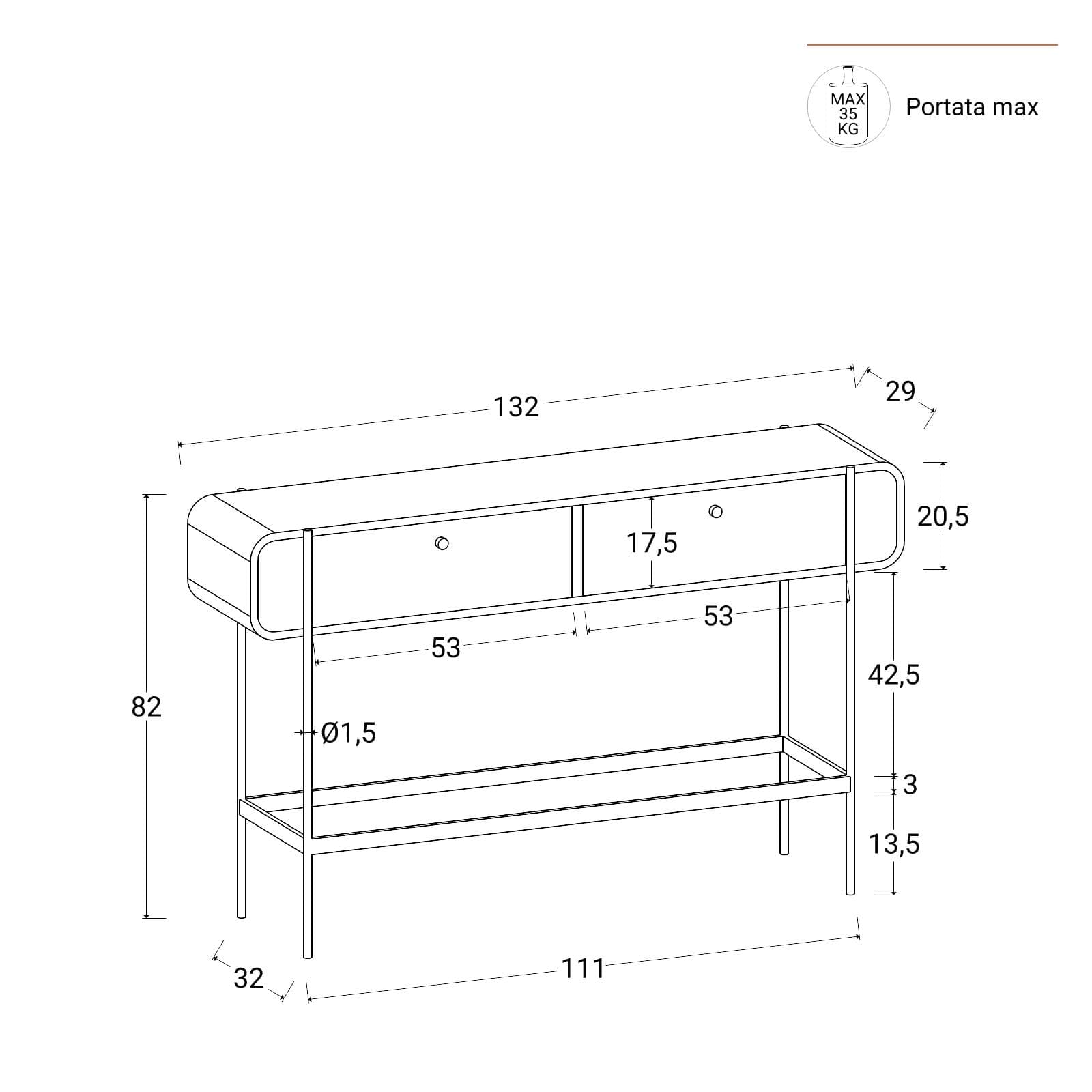 Consolle 132x82h cm in legno nero craven e metallo nero con 2 cassetti - Kirki