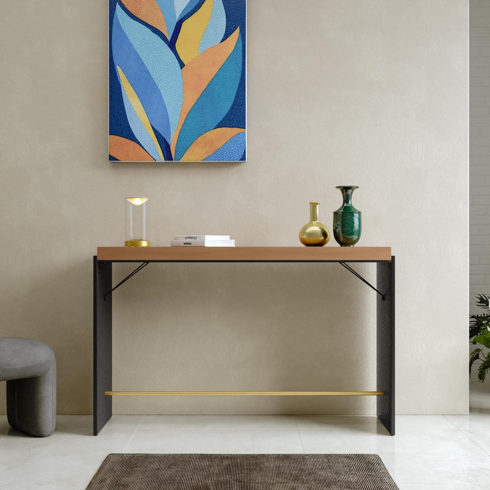 Consolle 135x85h cm in legno noce benson e metallo nero con dettaglio oro - Colys