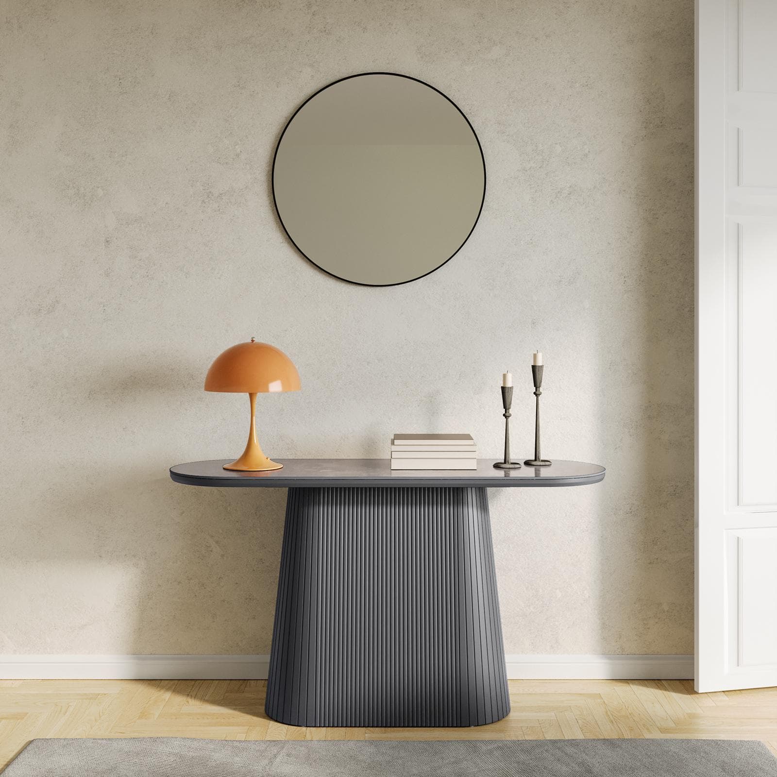Consolle 140x40 cm con top in pietra sinterizzata e base cannettata grigio - Lenry