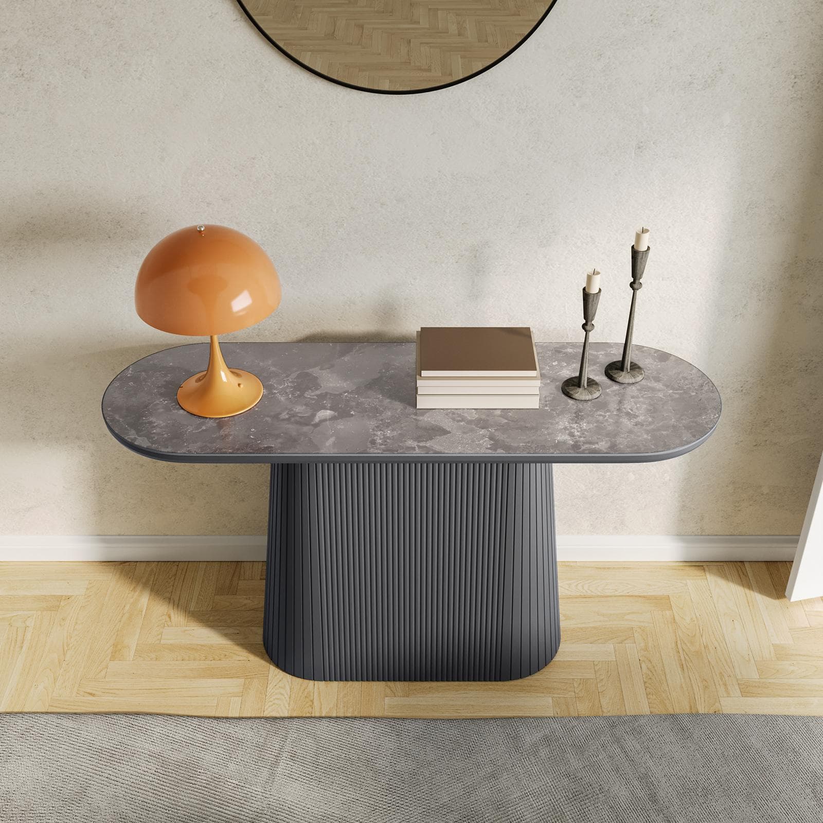Consolle 140x40 cm con top in pietra sinterizzata e base cannettata grigio - Lenry