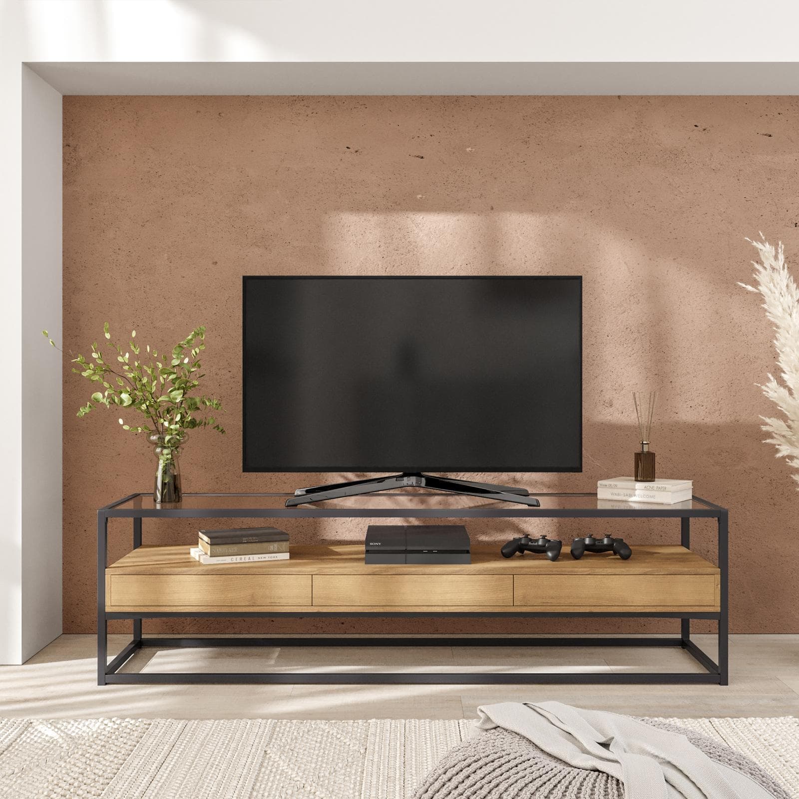 Mobile porta tv 160x45h cm top in vetro con struttura in legno e metallo - Split