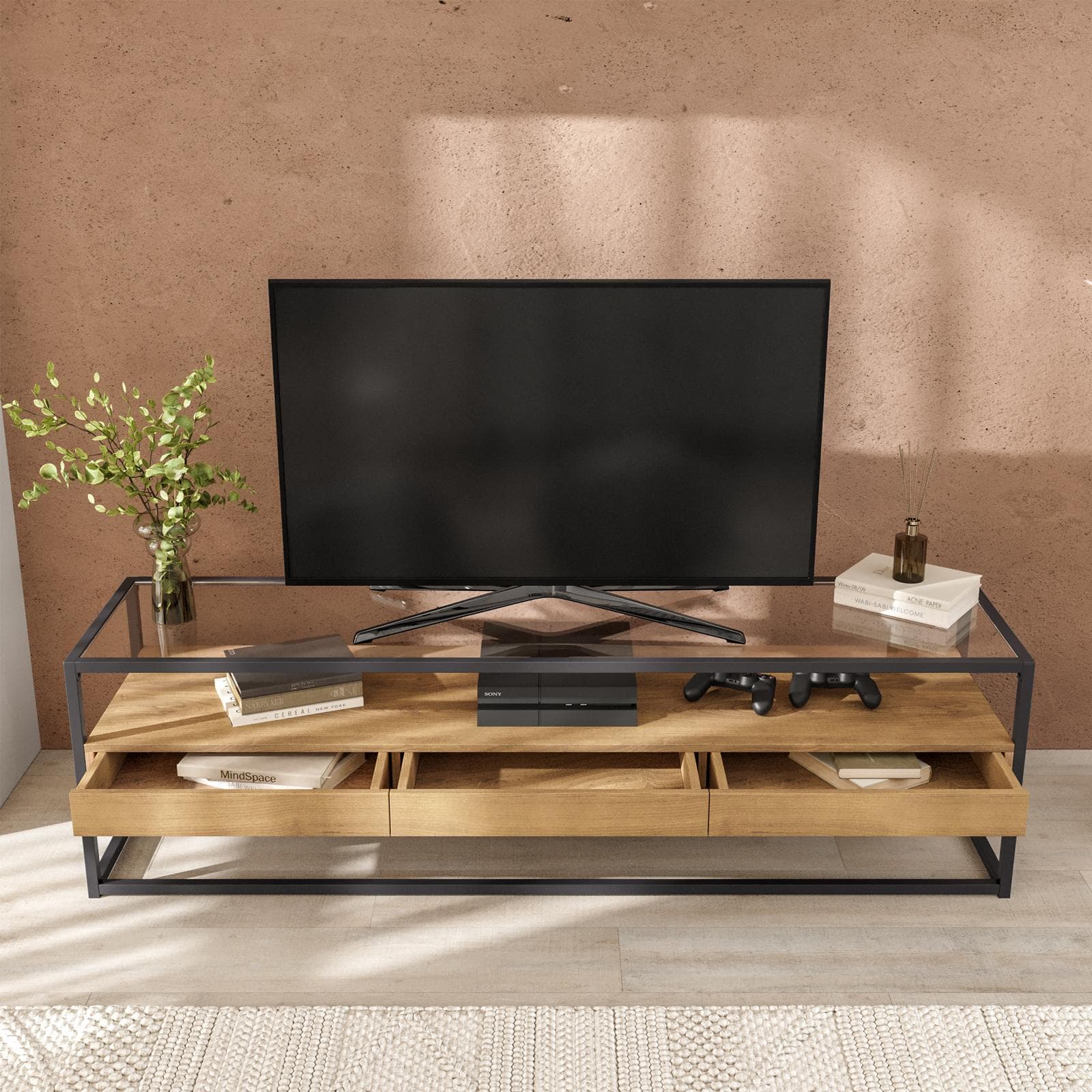 Mobile porta tv 160x45h cm top in vetro con struttura in legno e metallo - Split