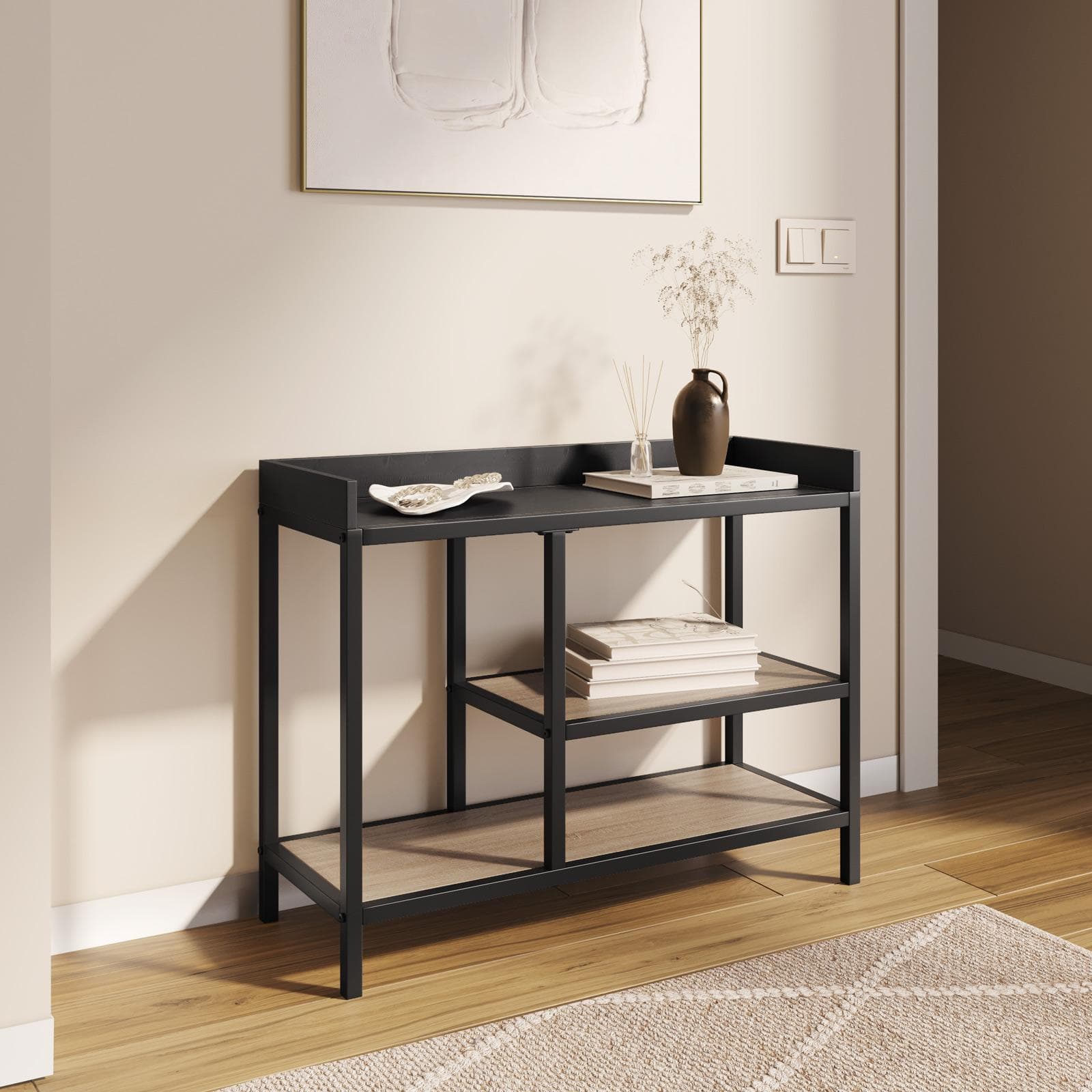 Consolle 80x62h cm effetto rovere grano e metallo nero con ripiani - Puton
