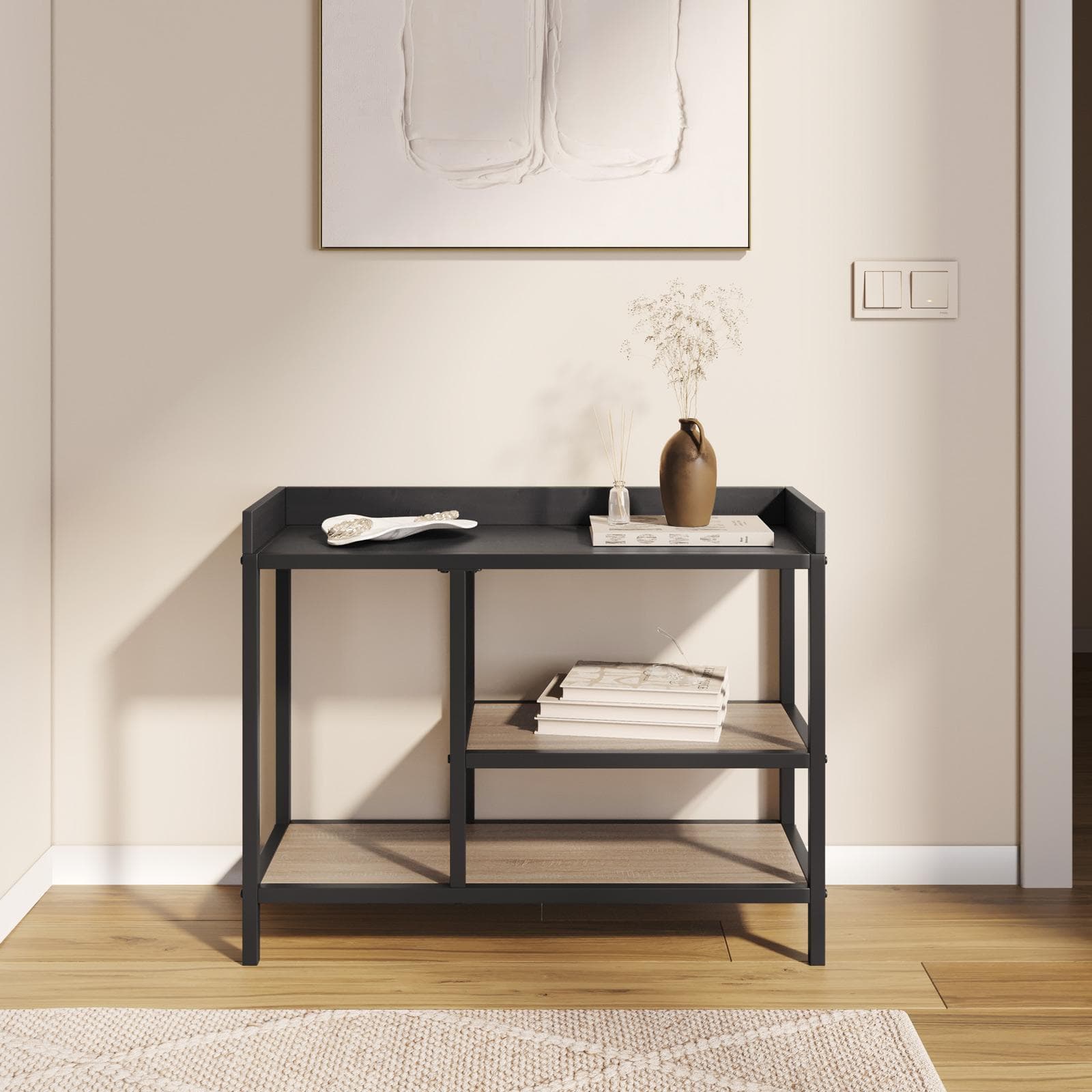 Consolle 80x62h cm effetto rovere grano e metallo nero con ripiani - Puton