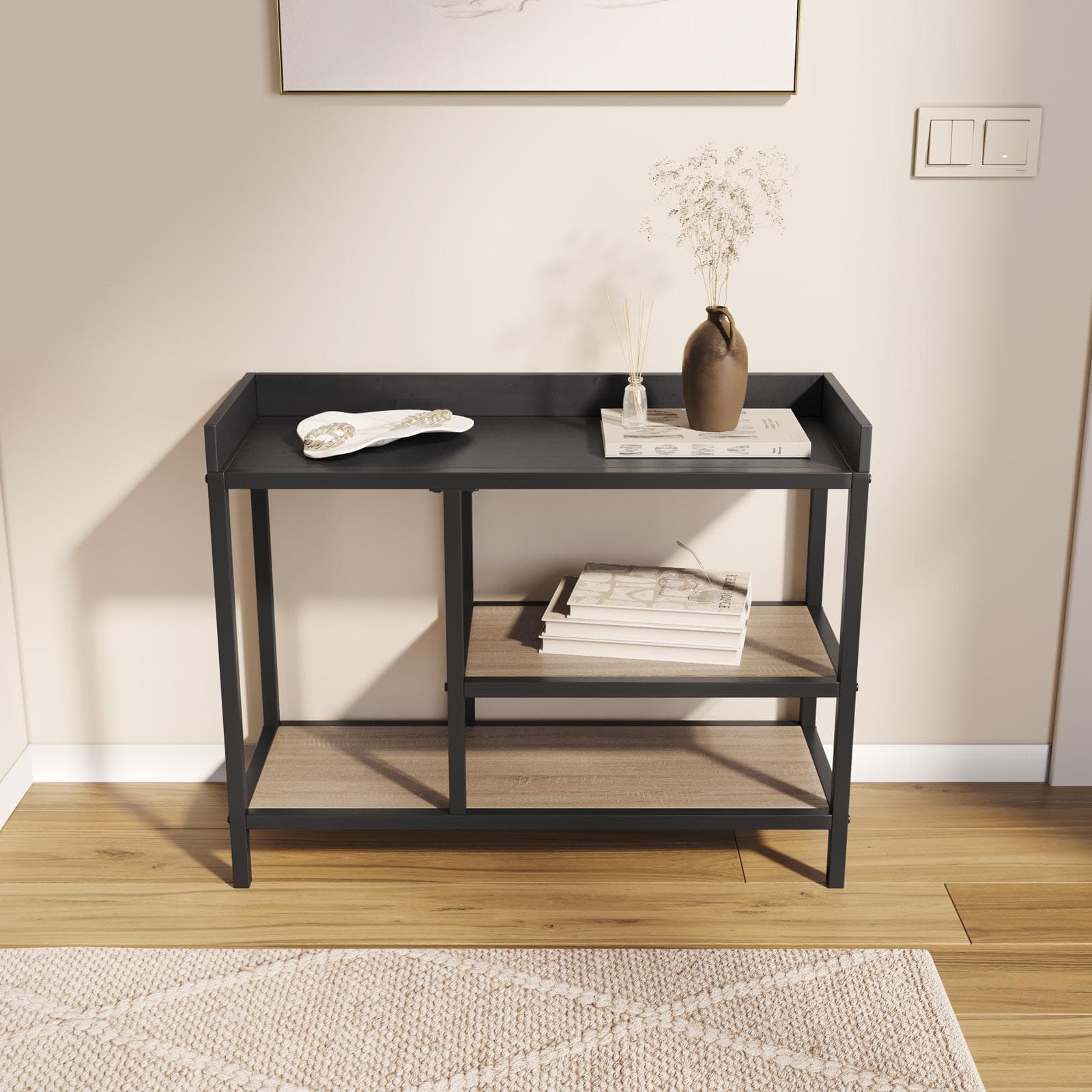 Consolle 80x62h cm effetto rovere grano e metallo nero con ripiani - Puton