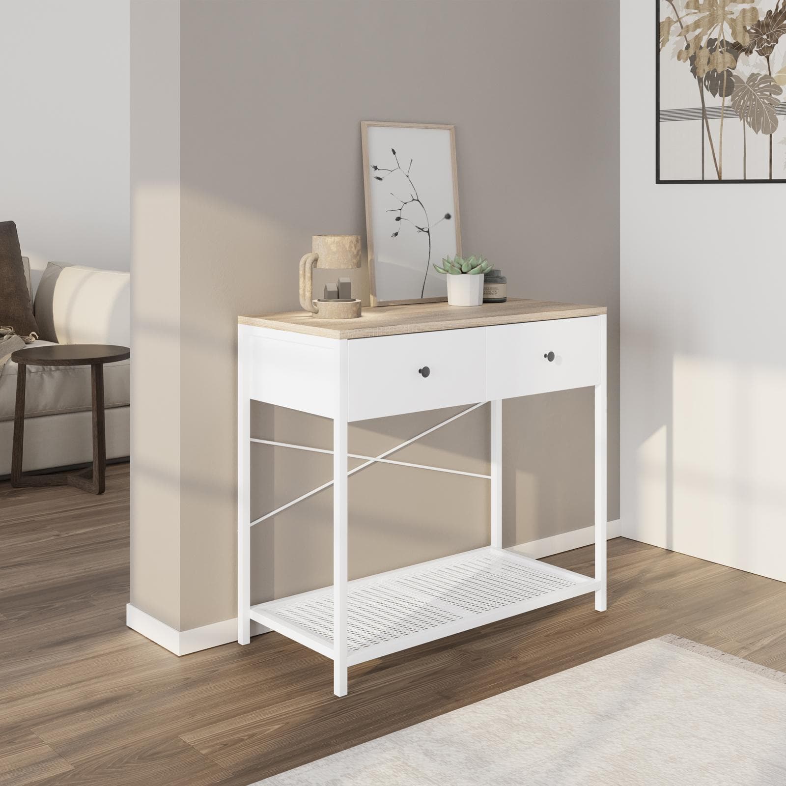 Consolle 80x73h cm in acciaio bianco e top rovere con 2 cassetti - Sheryl