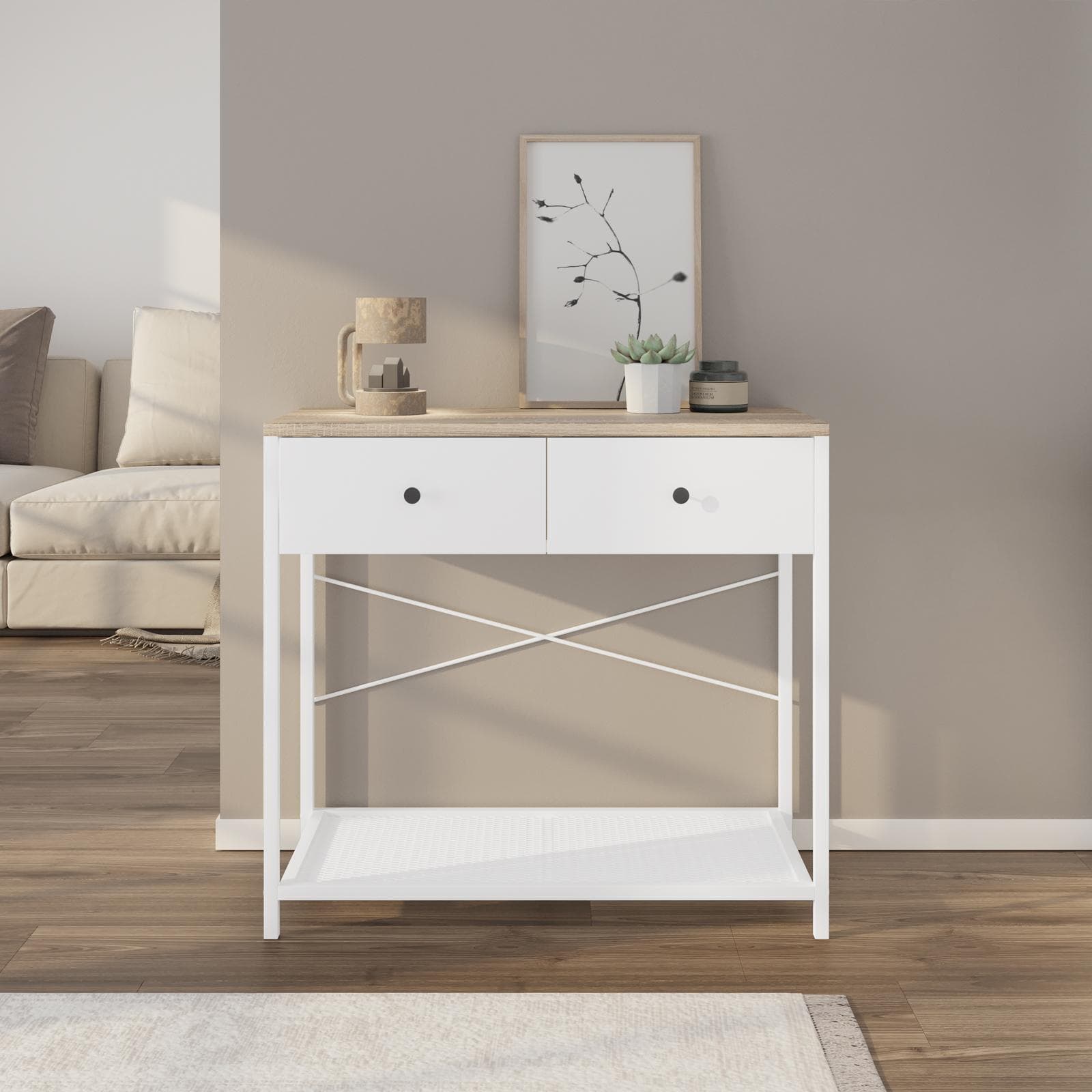 Consolle 80x73h cm in acciaio bianco e top rovere con 2 cassetti - Sheryl