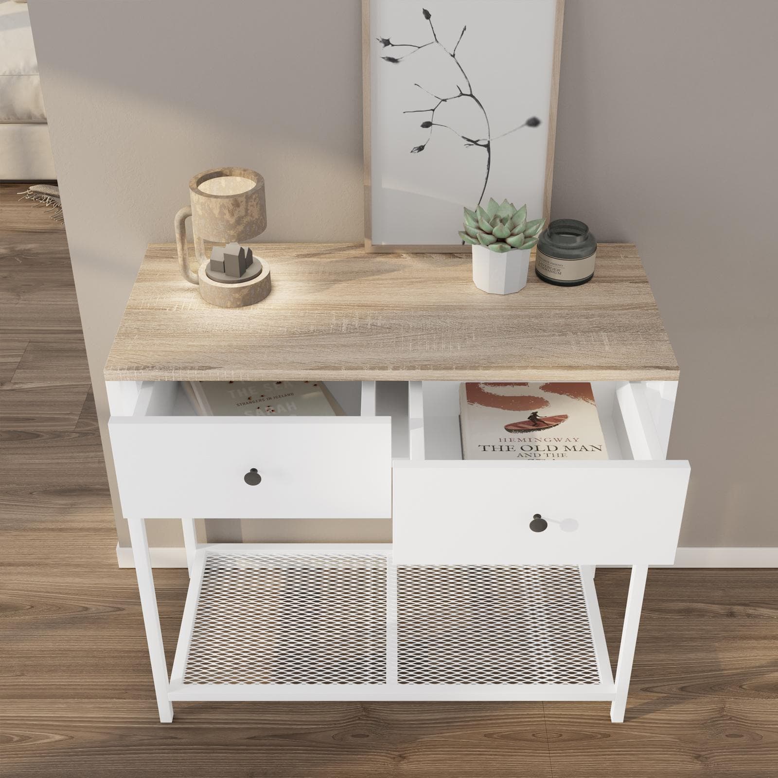 Consolle 80x73h cm in acciaio bianco e top rovere con 2 cassetti - Sheryl