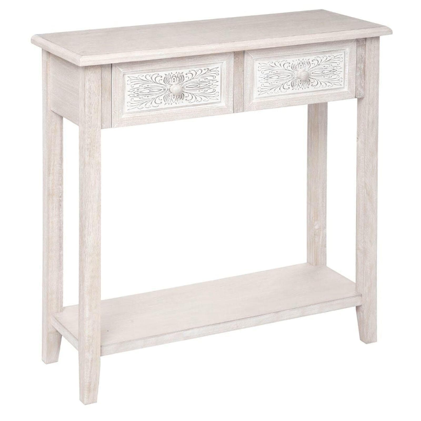 Consolle 80x80h cm in legno sbiancato con 2 cassetti decorati - Leandro