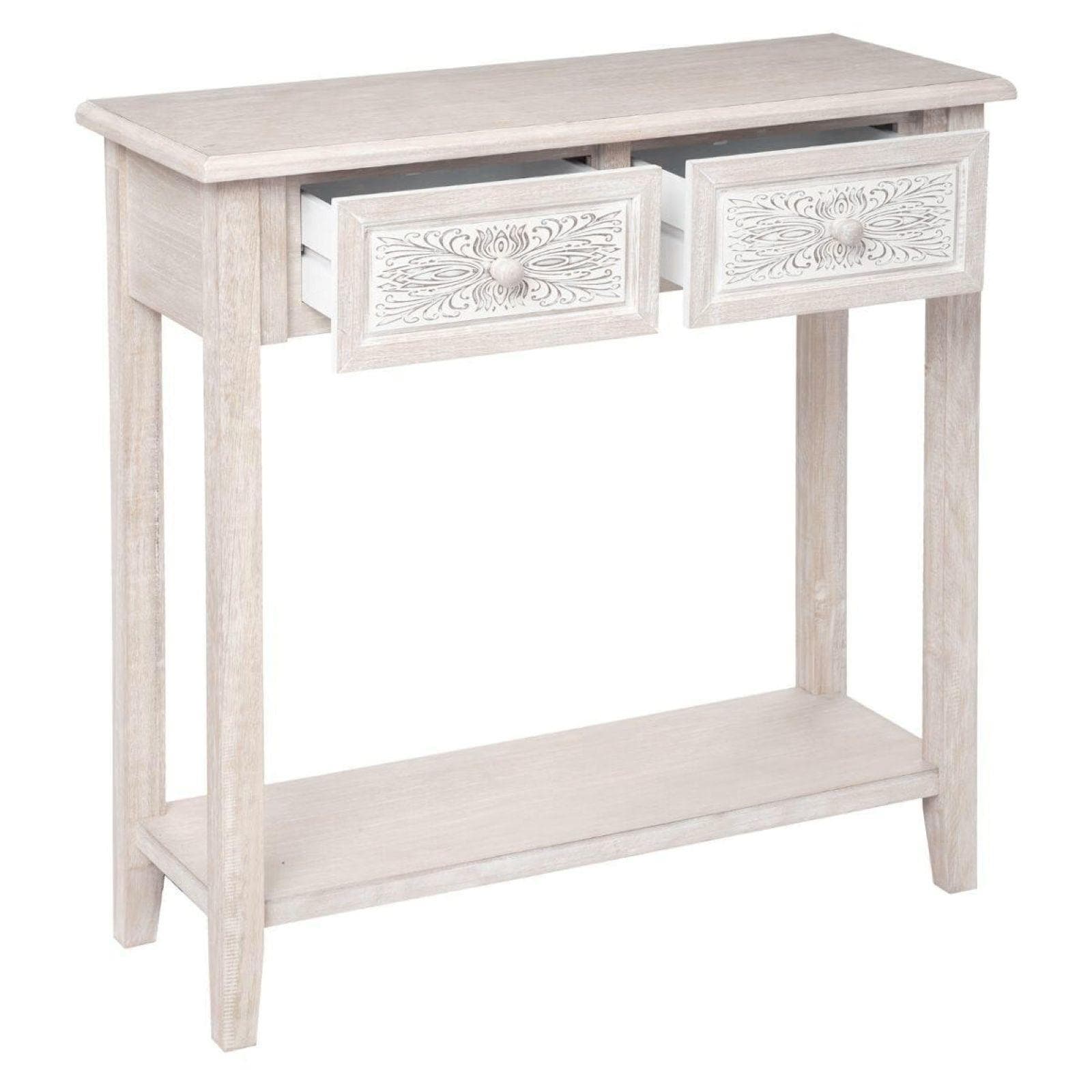 Consolle 80x80h cm in legno sbiancato con 2 cassetti decorati - Leandro