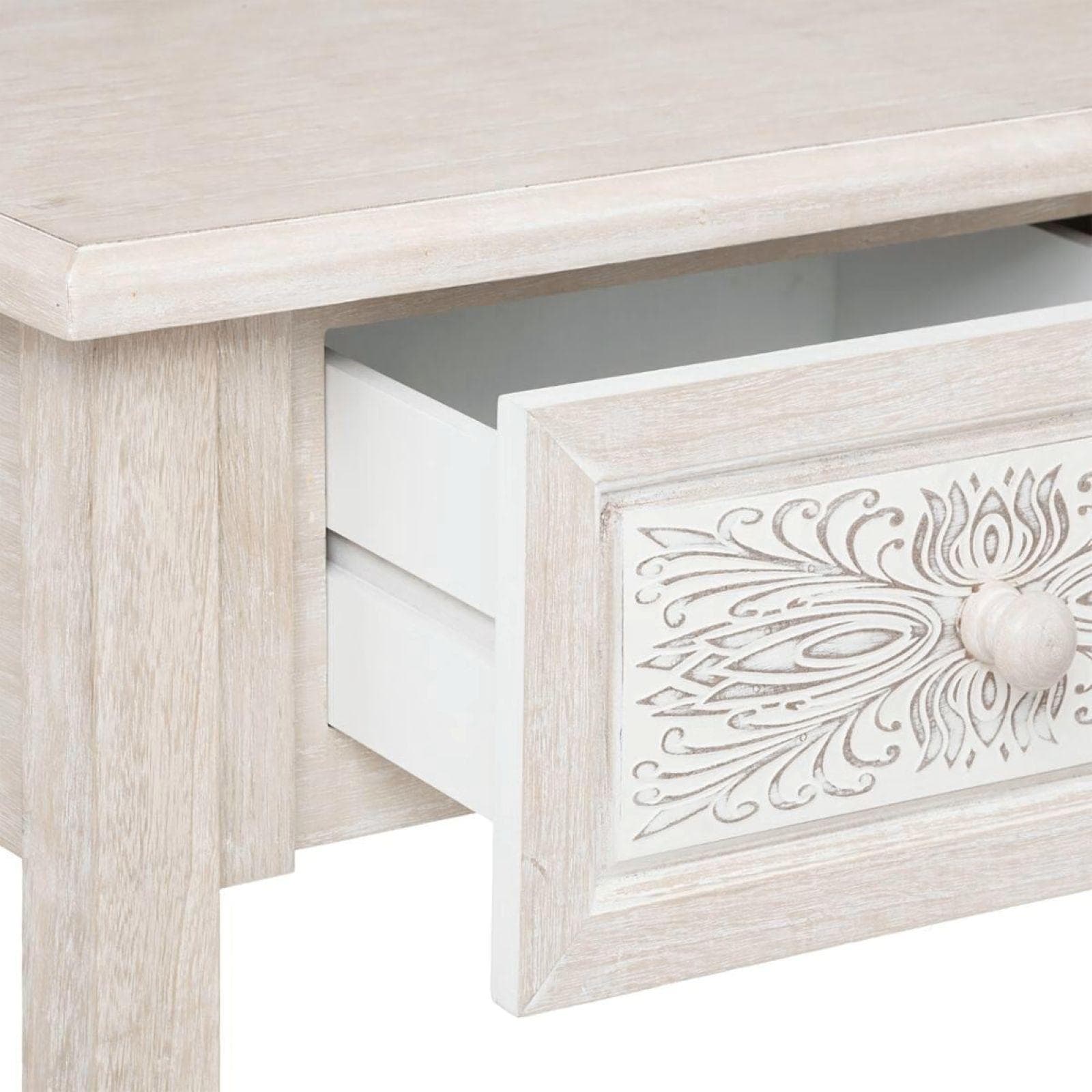 Consolle 80x80h cm in legno sbiancato con 2 cassetti decorati - Leandro