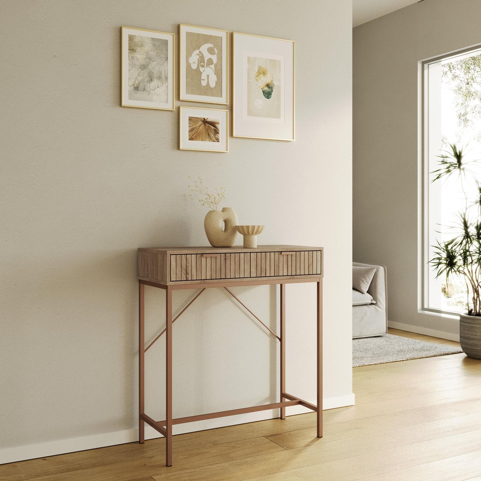 Consolle 80x90h cm rovere cannettato con 2 cassetti e struttura in acciaio oro bronzato - Kloser