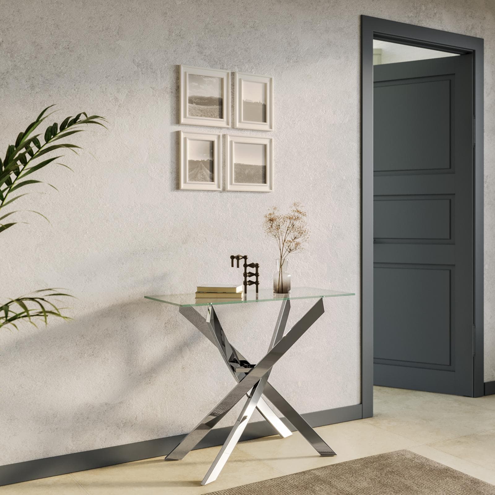Consolle 90x40 cm in vetro trasparente e gambe in acciaio cromo - Noel