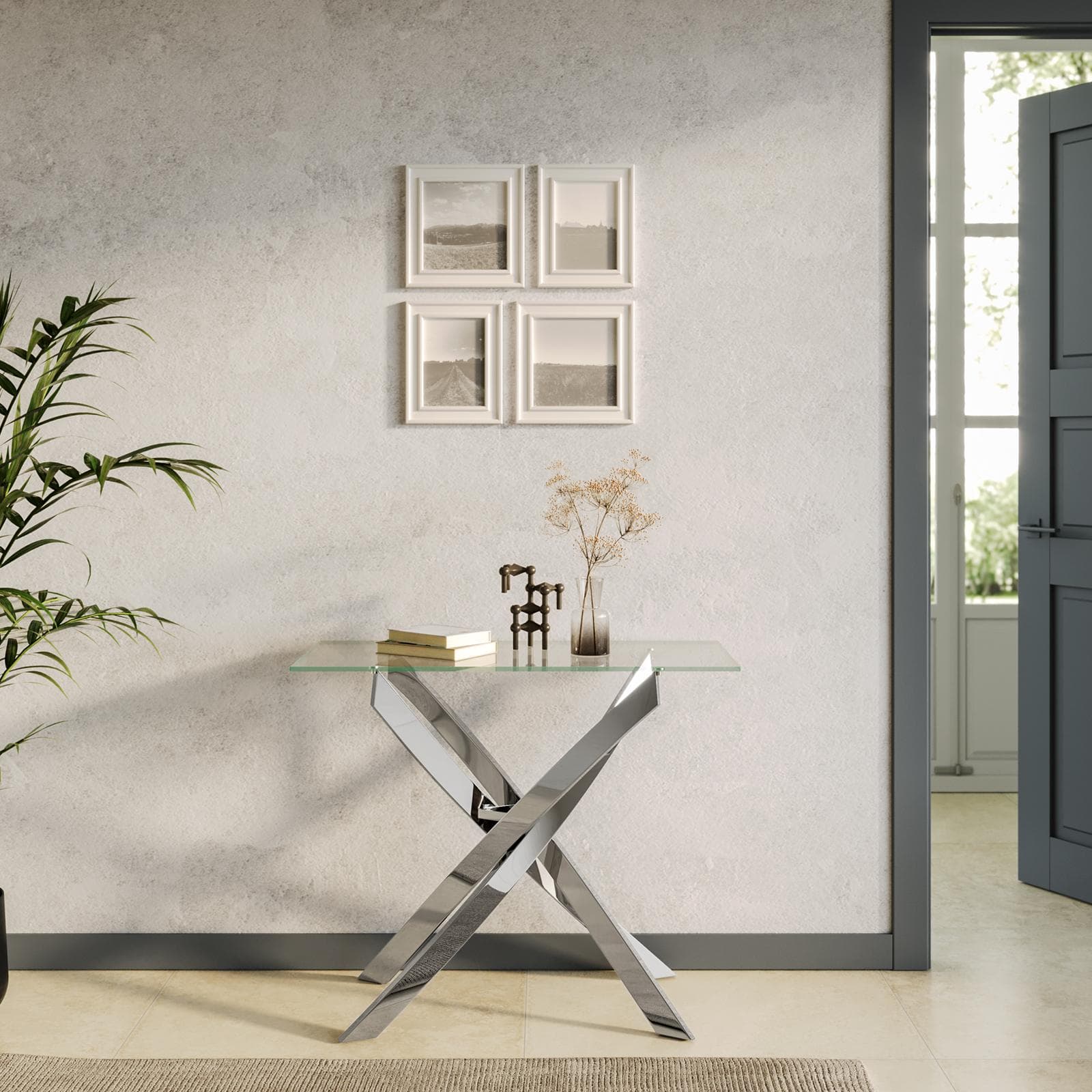 Consolle 90x40 cm in vetro trasparente e gambe in acciaio cromo - Noel