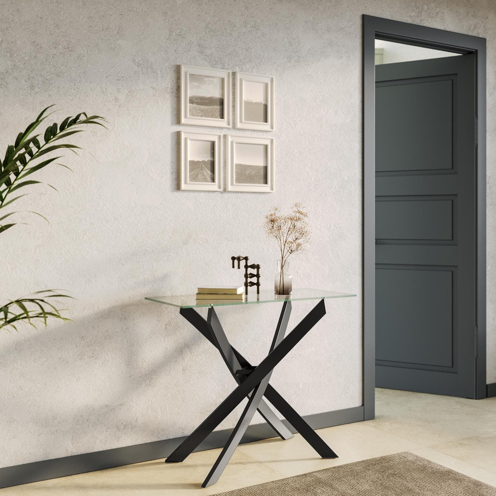 Consolle 90x40 cm in vetro trasparente e gambe in acciaio nero - Noel