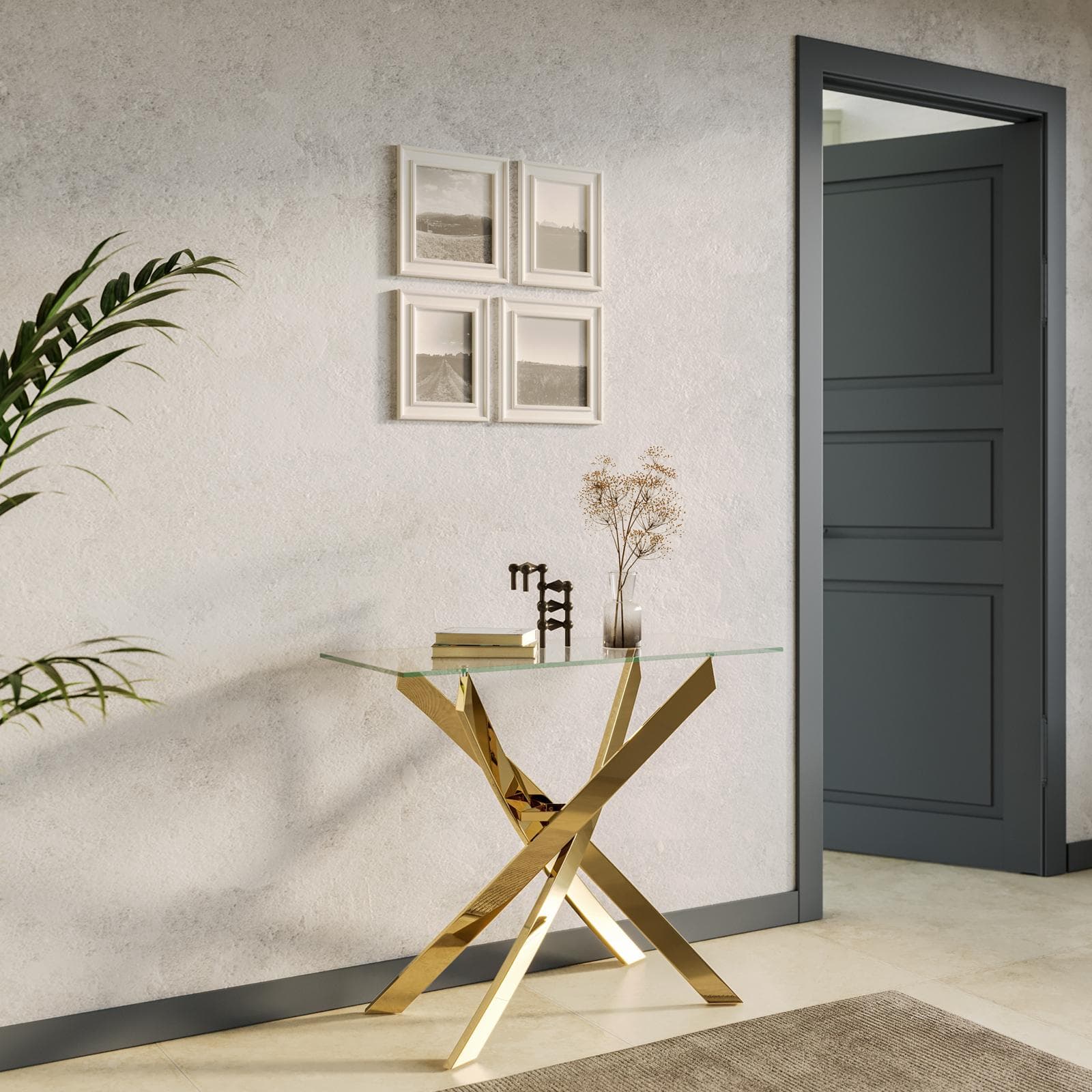 Consolle 90x40 cm in vetro trasparente e gambe in acciaio oro - Noel