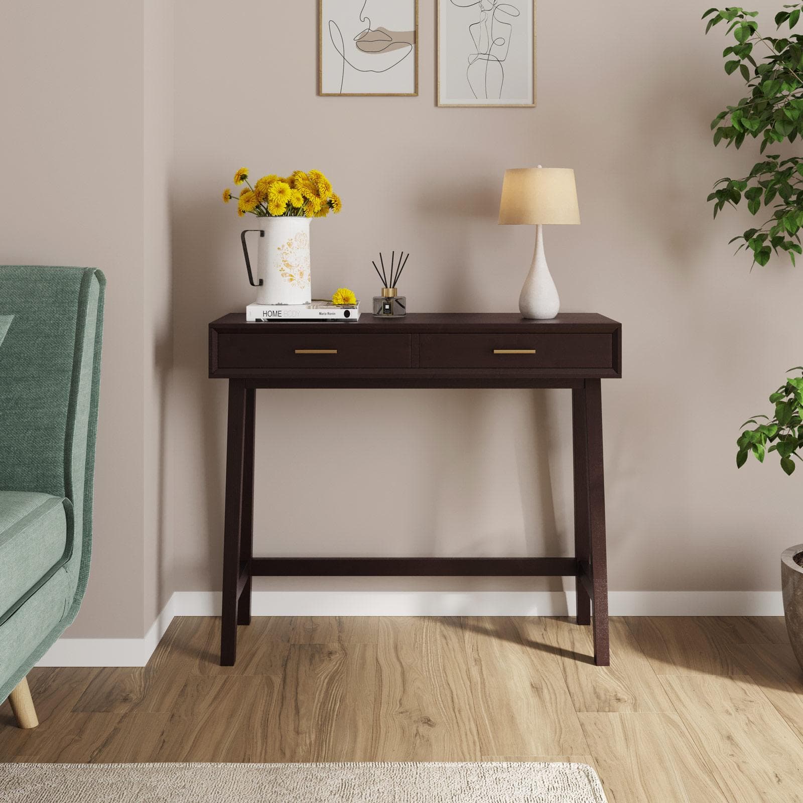 Consolle 90x75h cm in legno color castagno con 2 cassetti e maniglia dorata - Lilim