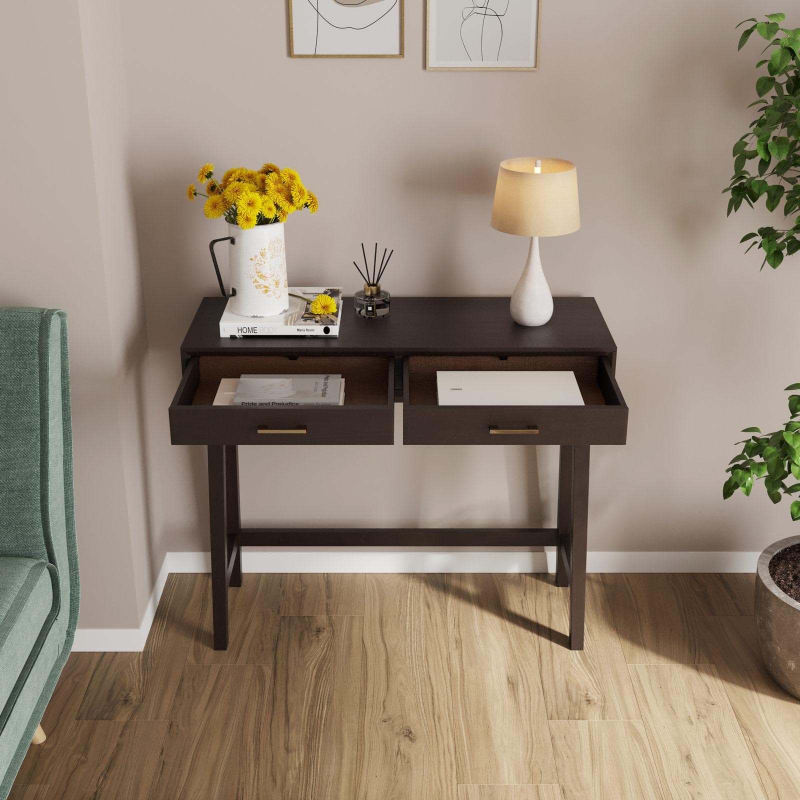Consolle 90x75h cm in legno color castagno con 2 cassetti e maniglia dorata - Lilim