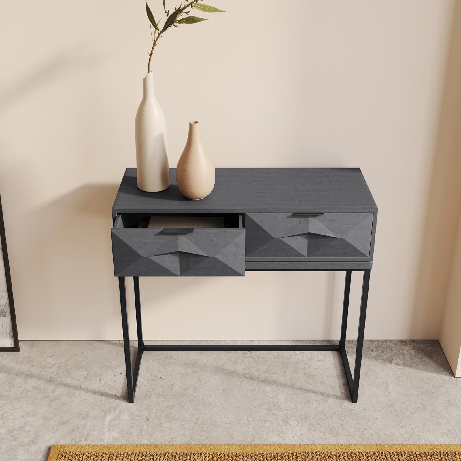 Consolle 90x85h cm in legno di mango grigio nebbia con 2 cassetti - Lumya