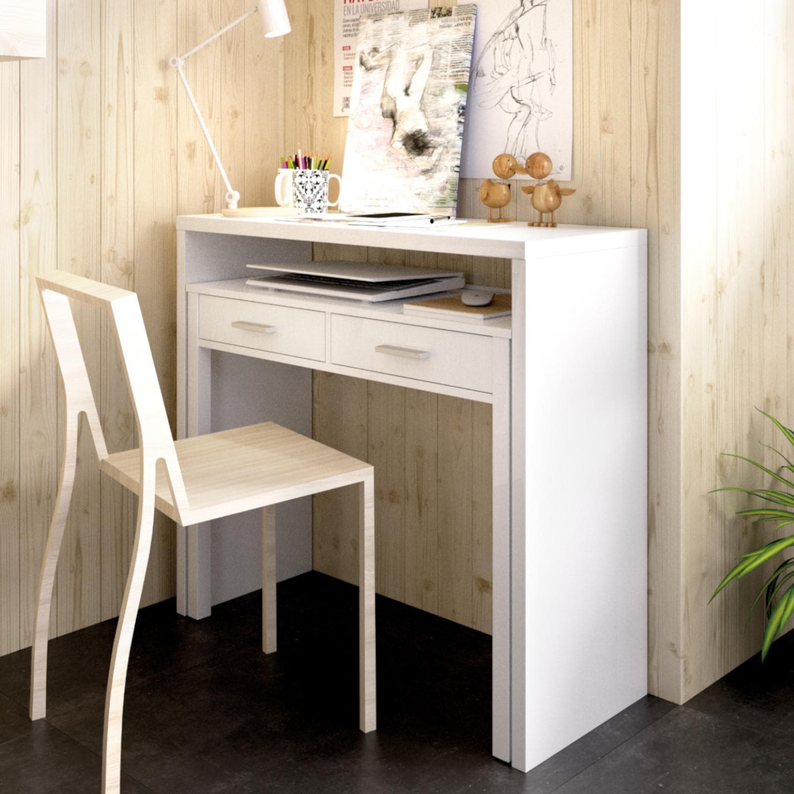 Consolle con scrivania estraibile 99x36-70 cm in legno bianco lucido - Savage