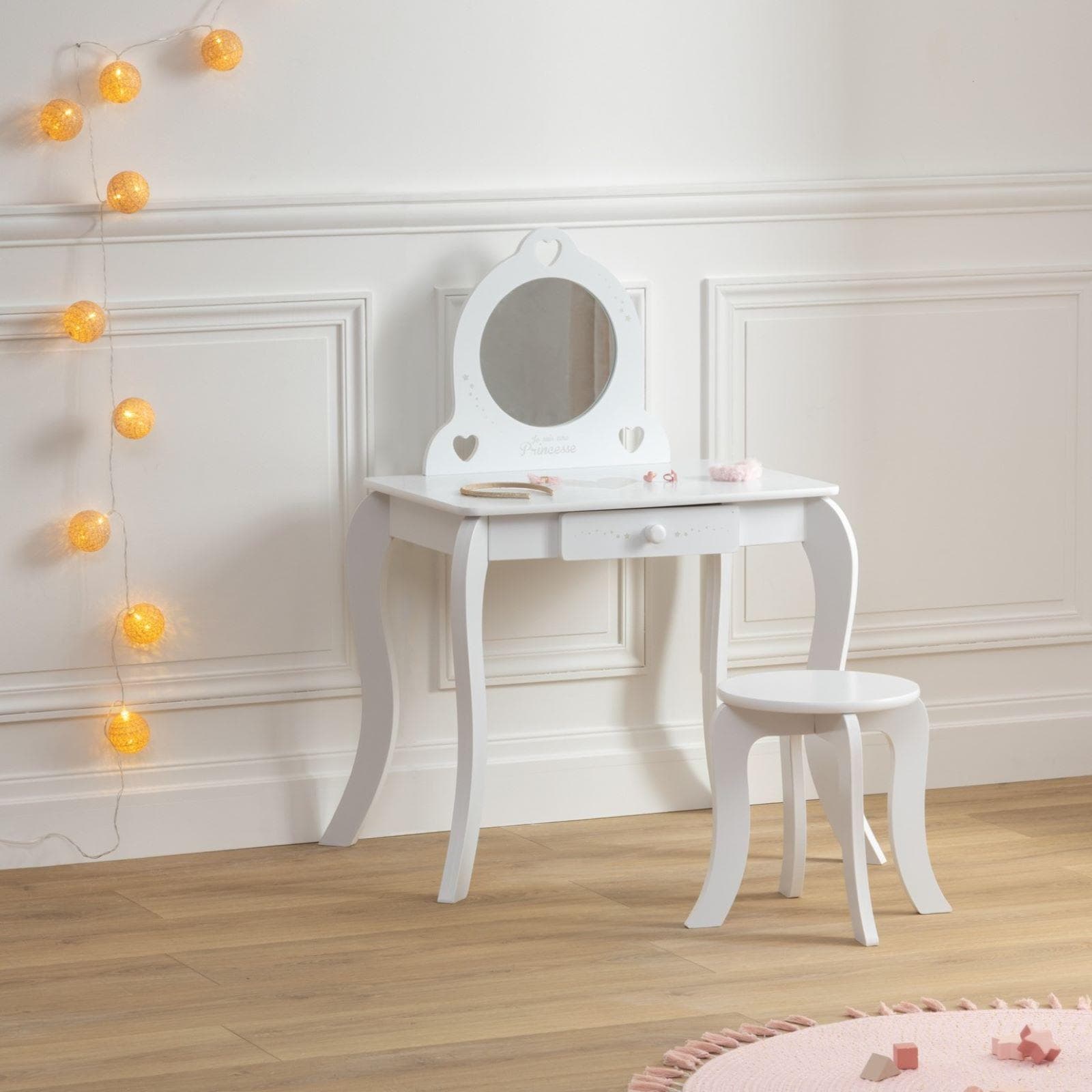 Consolle con specchio e sgabello per bambini 71x91h cm in legno bianco - Kids