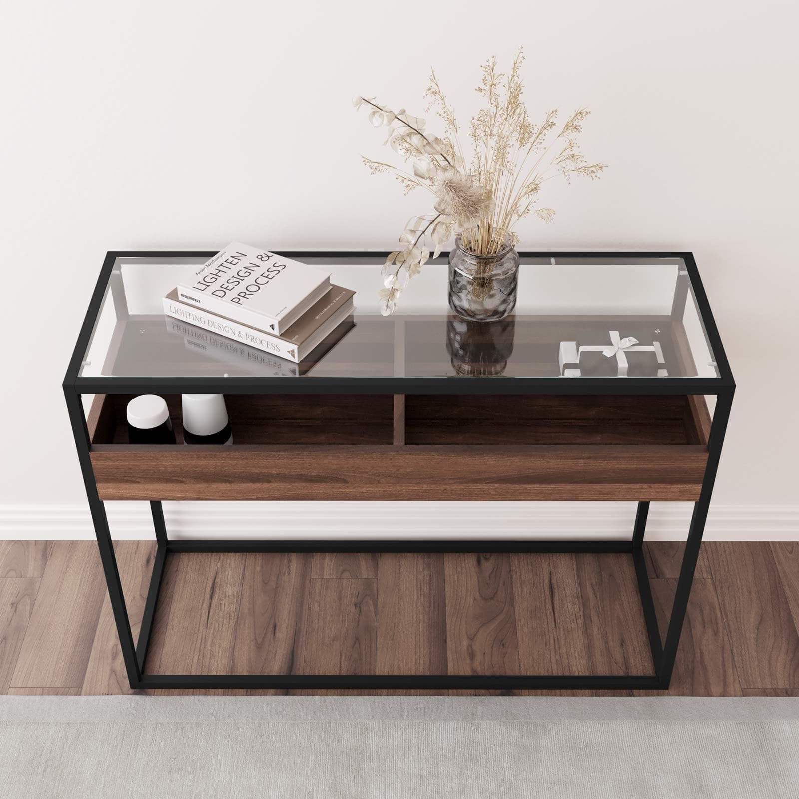 Consolle 110x80h cm con top in vetro e ripiano rovere noce - Tod