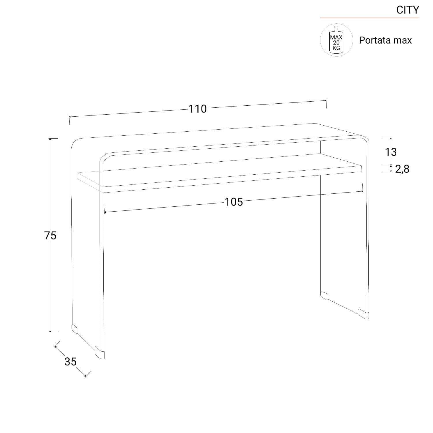 Consolle 110x35 cm in vetro con ripiano - City