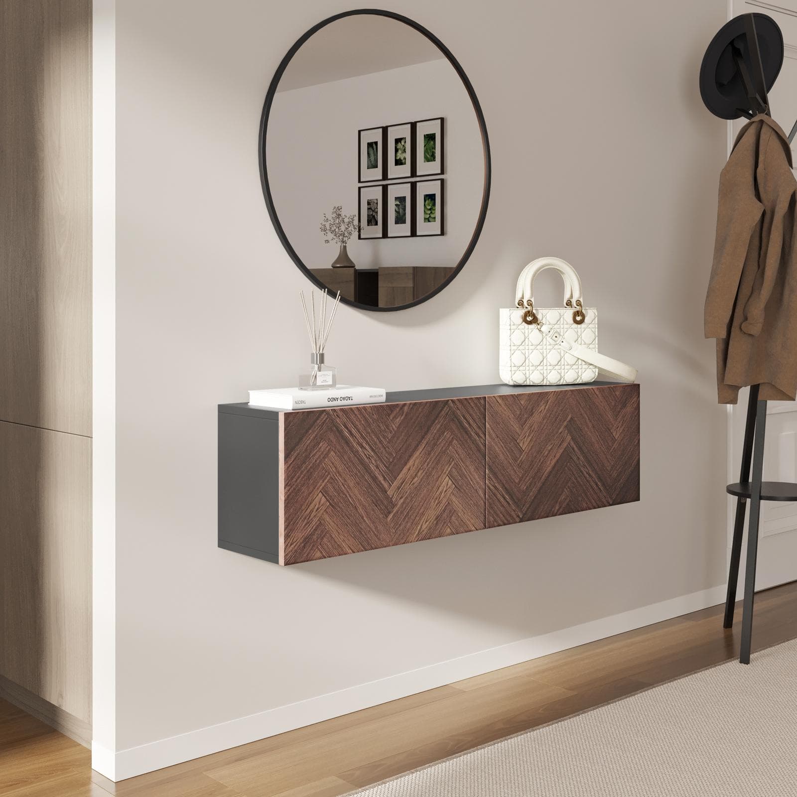 Consolle sospesa 120x25 cm antracite e noce effetto parquet con 2 ante e specchio - Betka