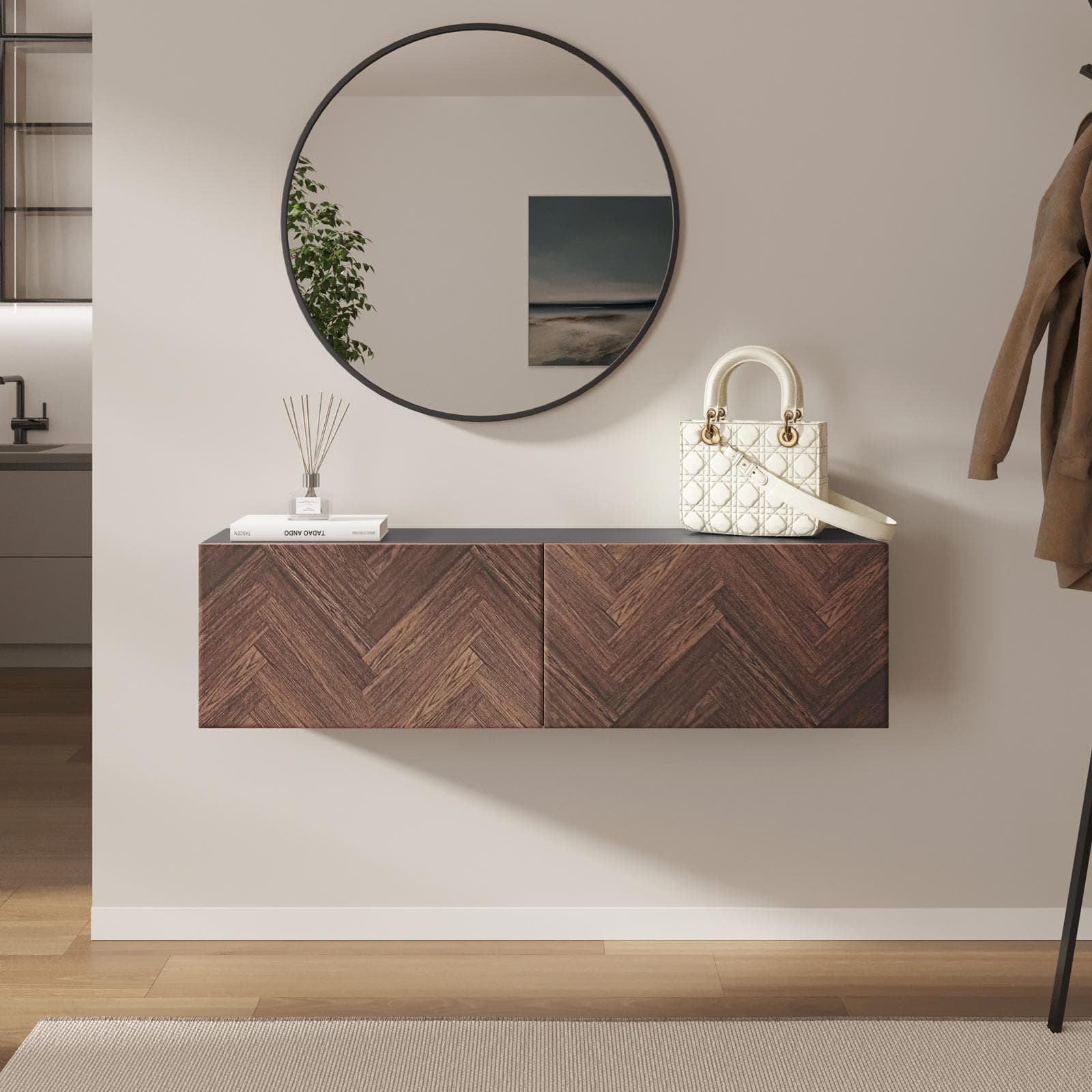 Consolle sospesa 120x25 cm antracite e noce effetto parquet con 2 ante e specchio - Betka