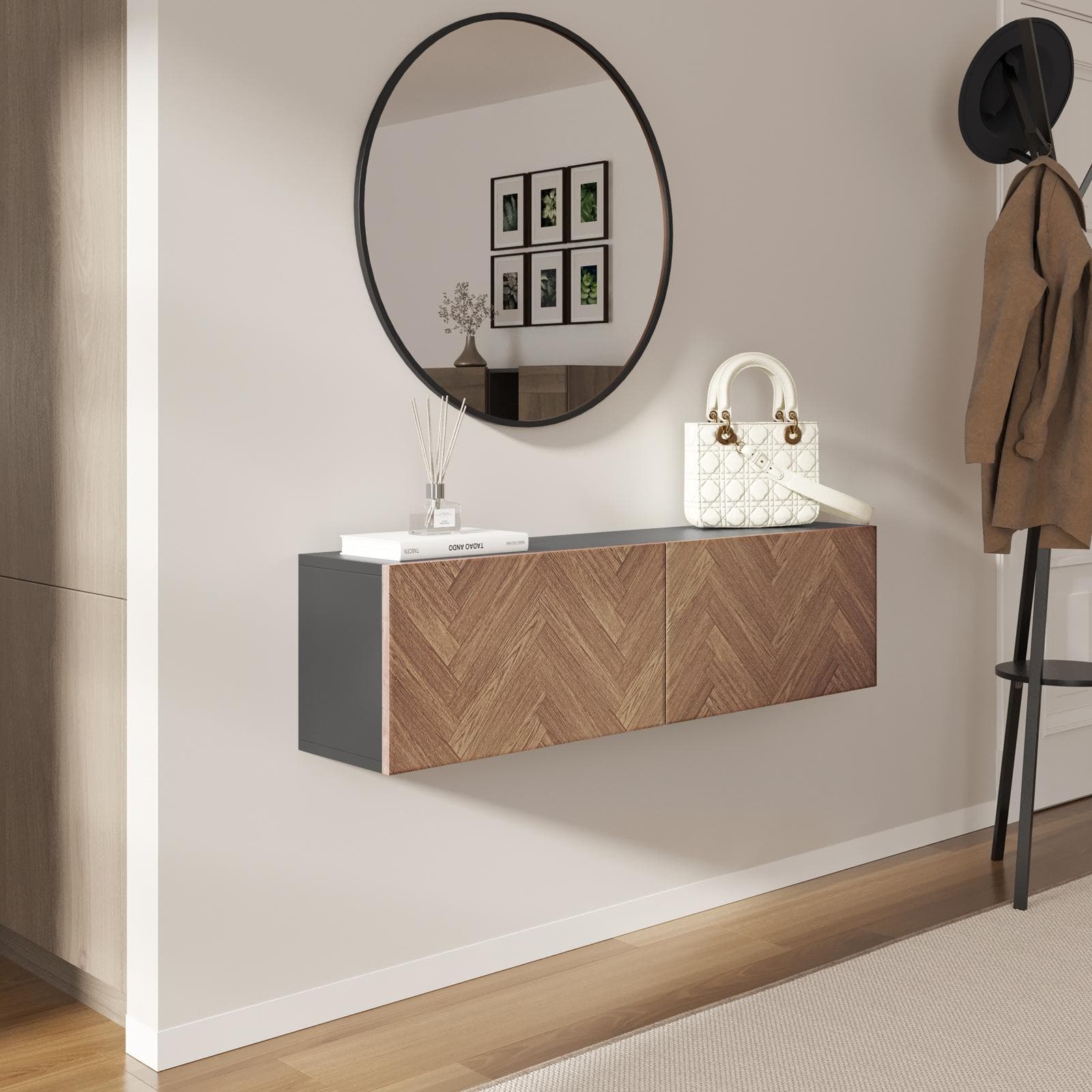 Consolle sospesa 120x25 cm antracite e rovere effetto parquet con 2 ante e specchio - Betka