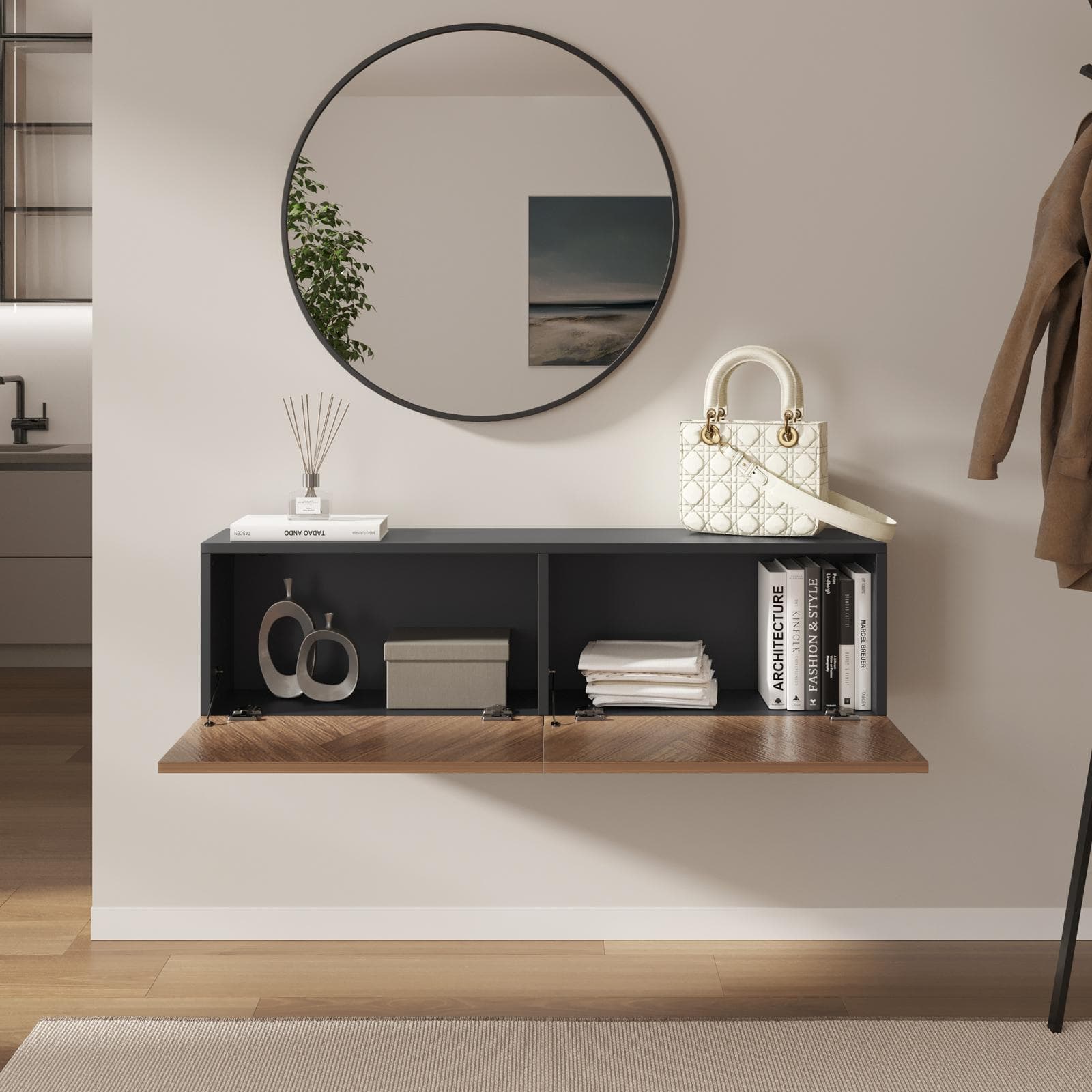 Consolle sospesa 120x25 cm antracite e rovere effetto parquet con 2 ante e specchio - Betka