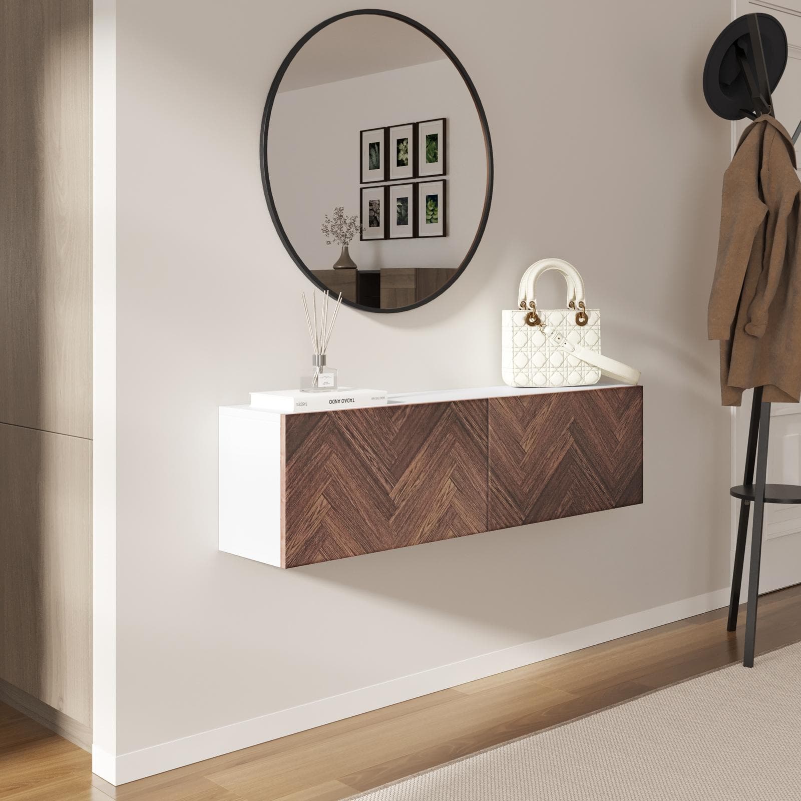 Consolle sospesa 120x25 cm bianco e noce effetto parquet con 2 ante e specchio - Betka