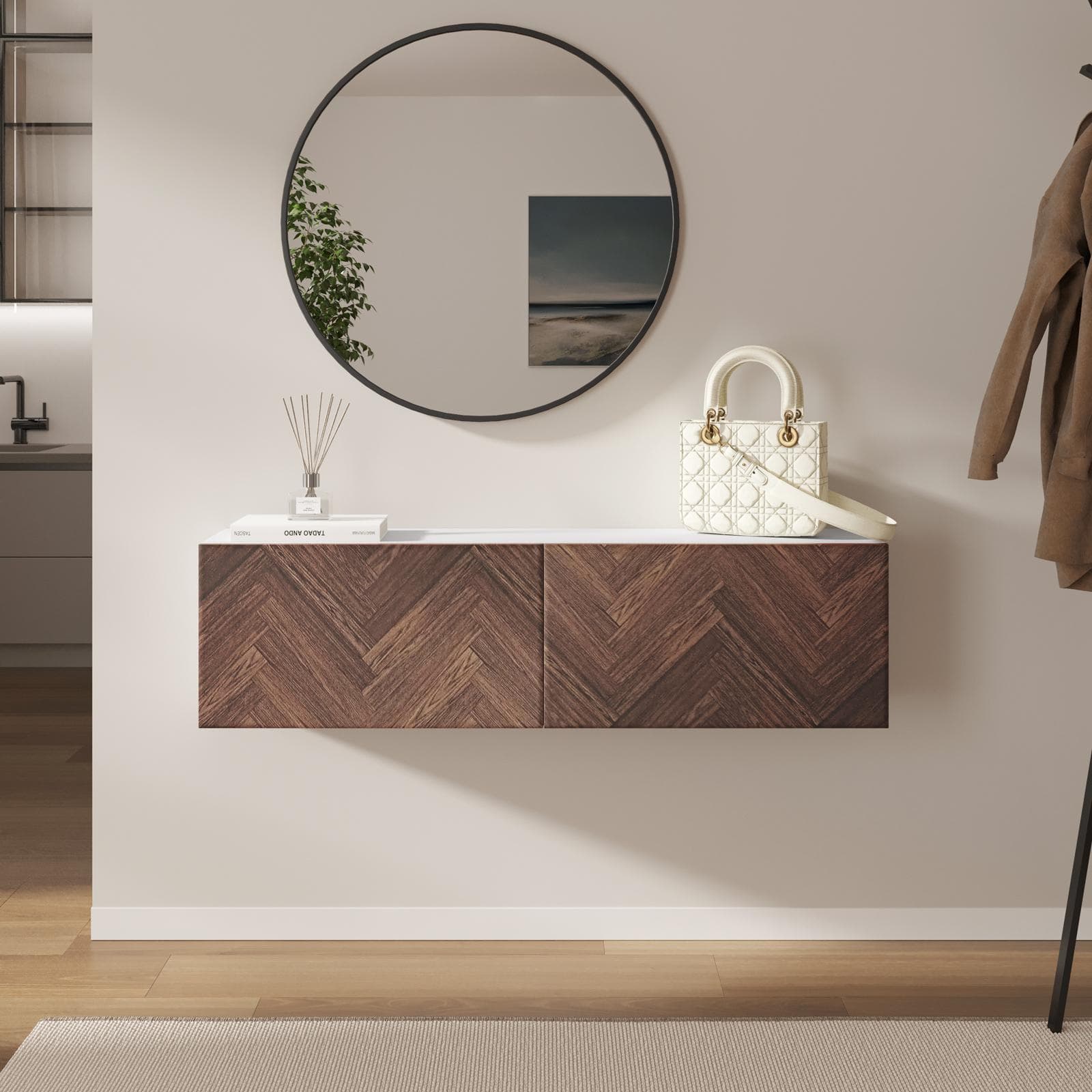 Consolle sospesa 120x25 cm bianco e noce effetto parquet con 2 ante e specchio - Betka