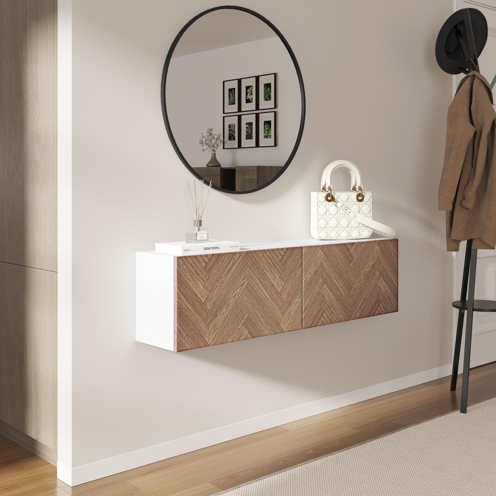 Consolle sospesa 120x25 cm bianco e rovere effetto parquet con 2 ante e specchio - Betka