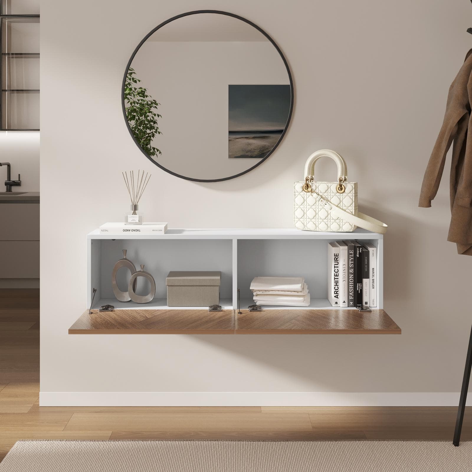 Consolle sospesa 120x25 cm bianco e rovere effetto parquet con 2 ante e specchio - Betka